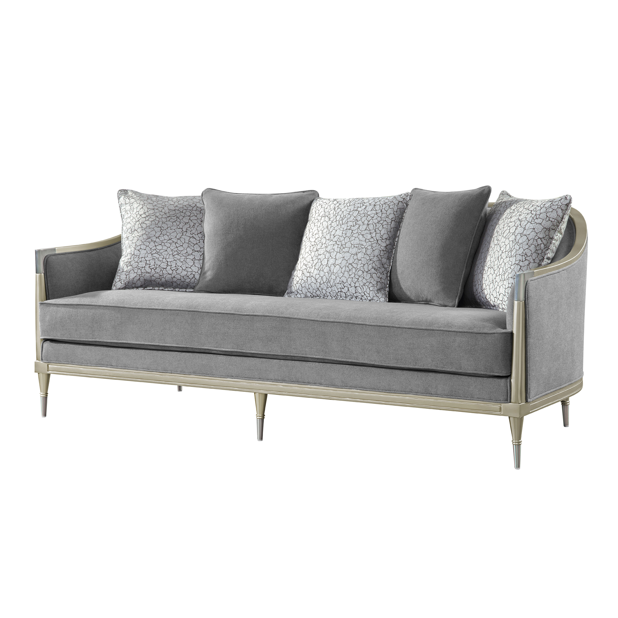 Seraphine Modern Chenille Sofa with Champagne Wood Trim, Nickel Metal Accents, and 5 Reversible Pillows
