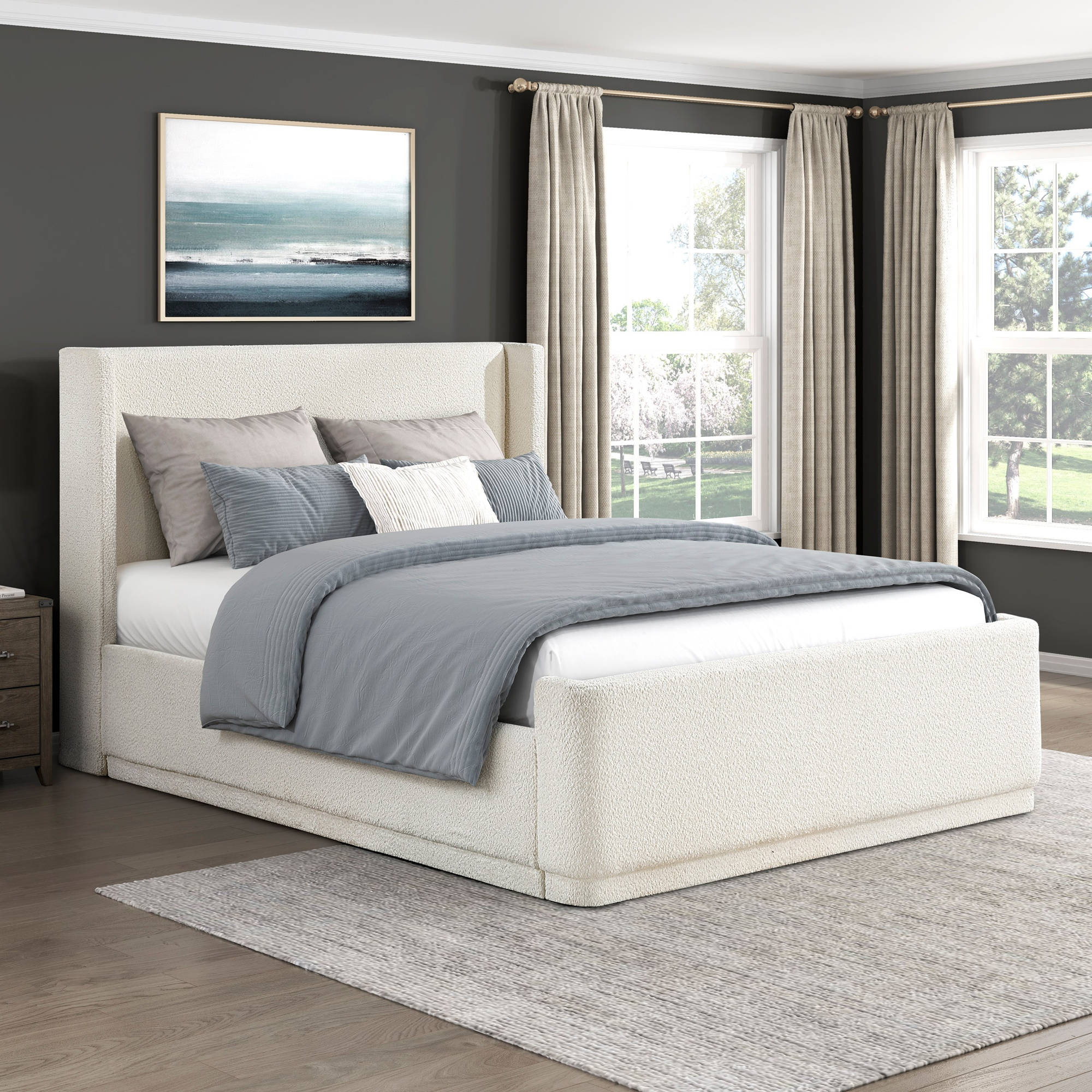 Alina Queen Wingback Platform Bed, Bouclé Beige