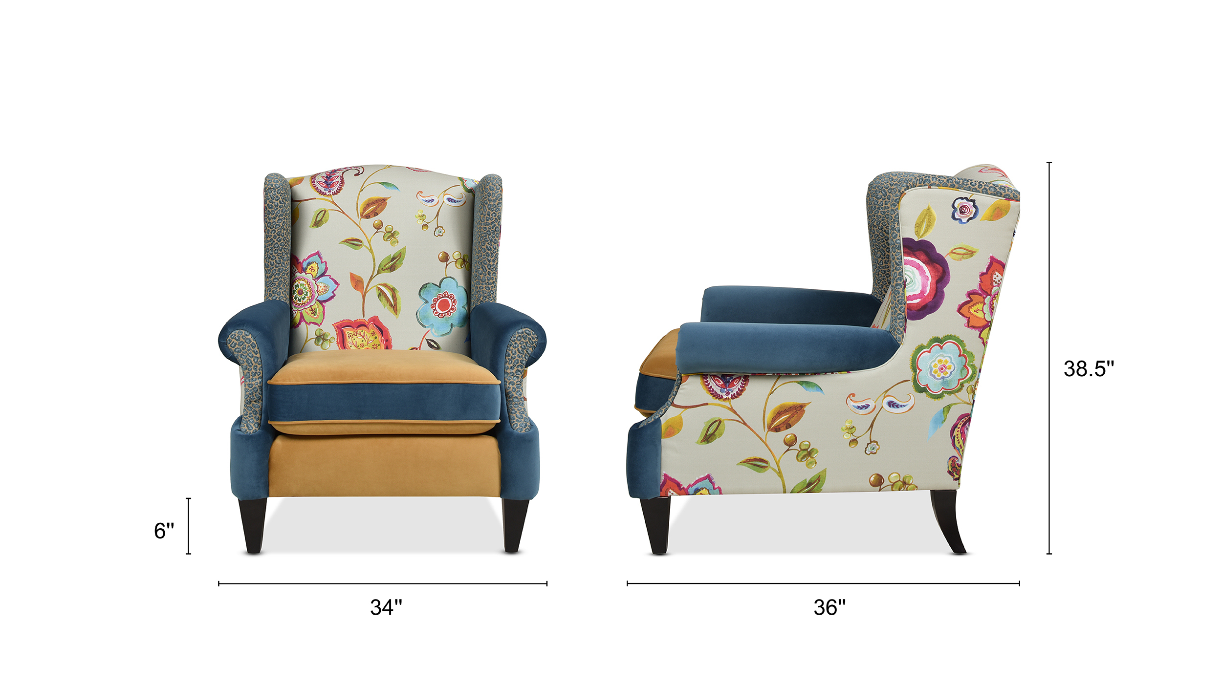 Anya Boho Chic Wingback Accent Arm Chair, Floral & Leopard, Satin Teal & Gold