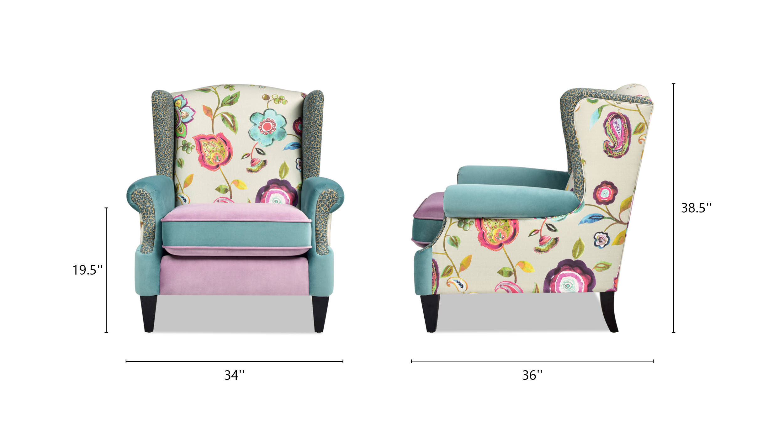 Anya Boho Chic Wingback Accent Arm Chair, Floral & Leopard, Arctic Blue & Lavender Purple