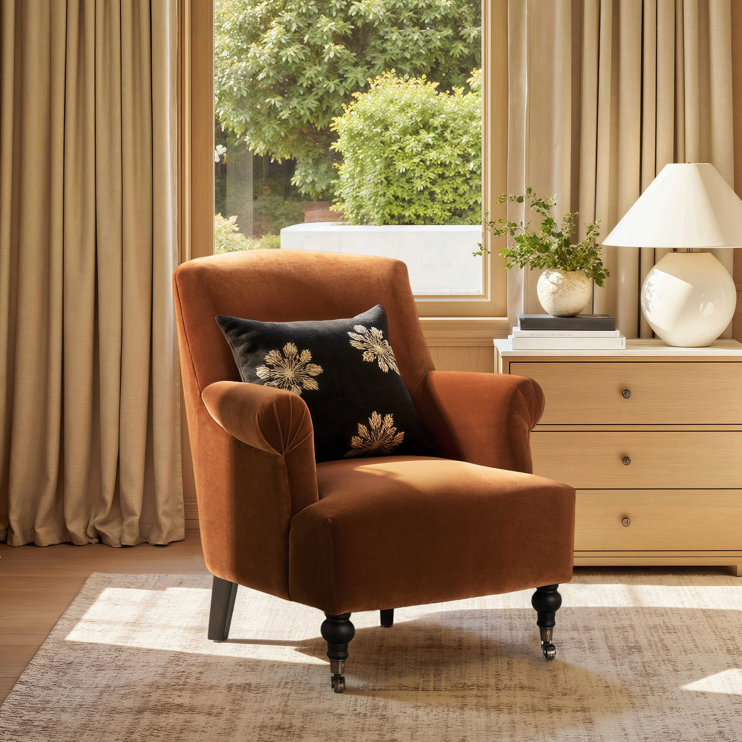 Eloise Pleated Sock Arm Accent Armchair, Burnt Orange Performance Velvet