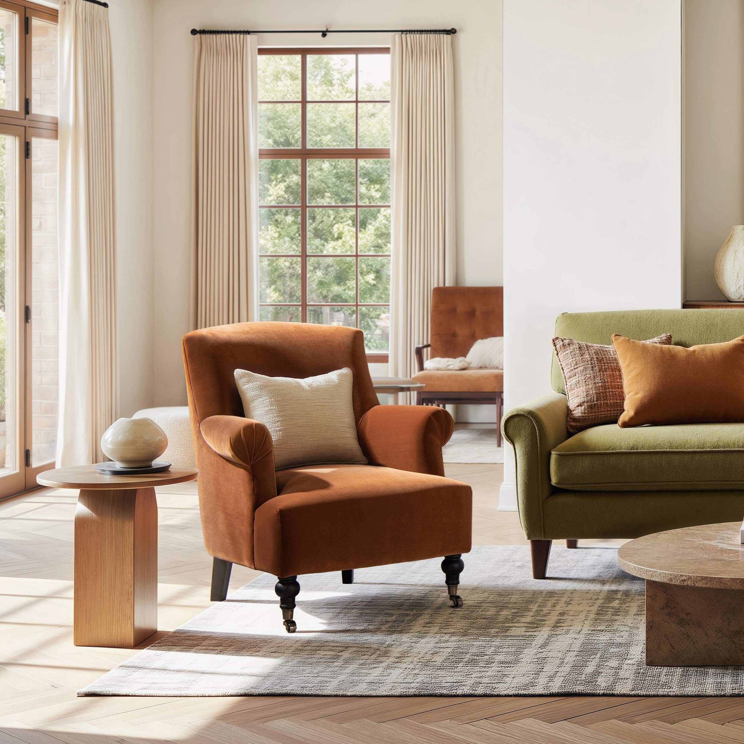 Eloise Pleated Sock Arm Accent Armchair, Burnt Orange Performance Velvet