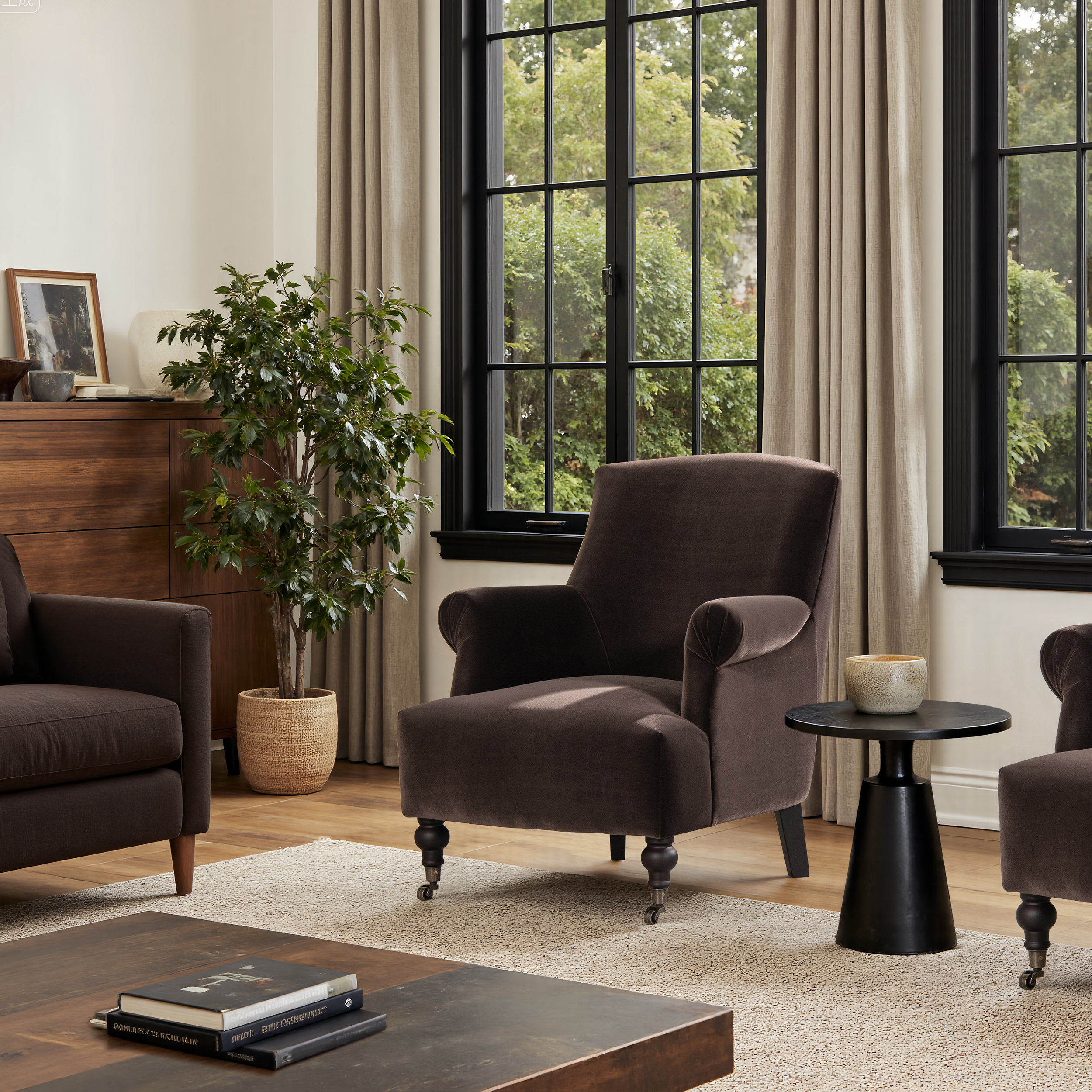 Eloise Pleated Sock Arm Accent Armchair, Deep Brown Performance Velvet