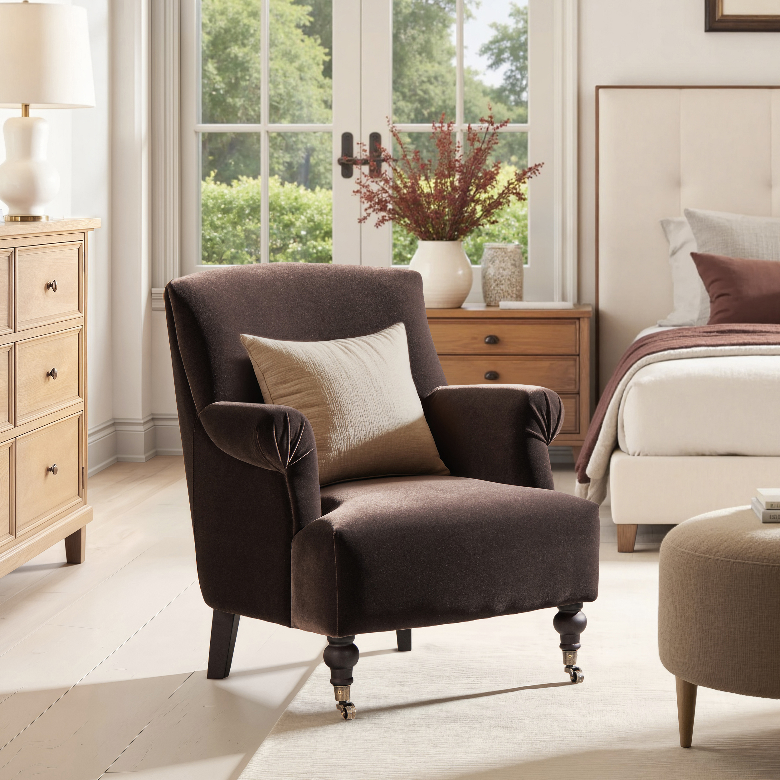 Eloise Pleated Sock Arm Accent Armchair, Deep Brown Performance Velvet