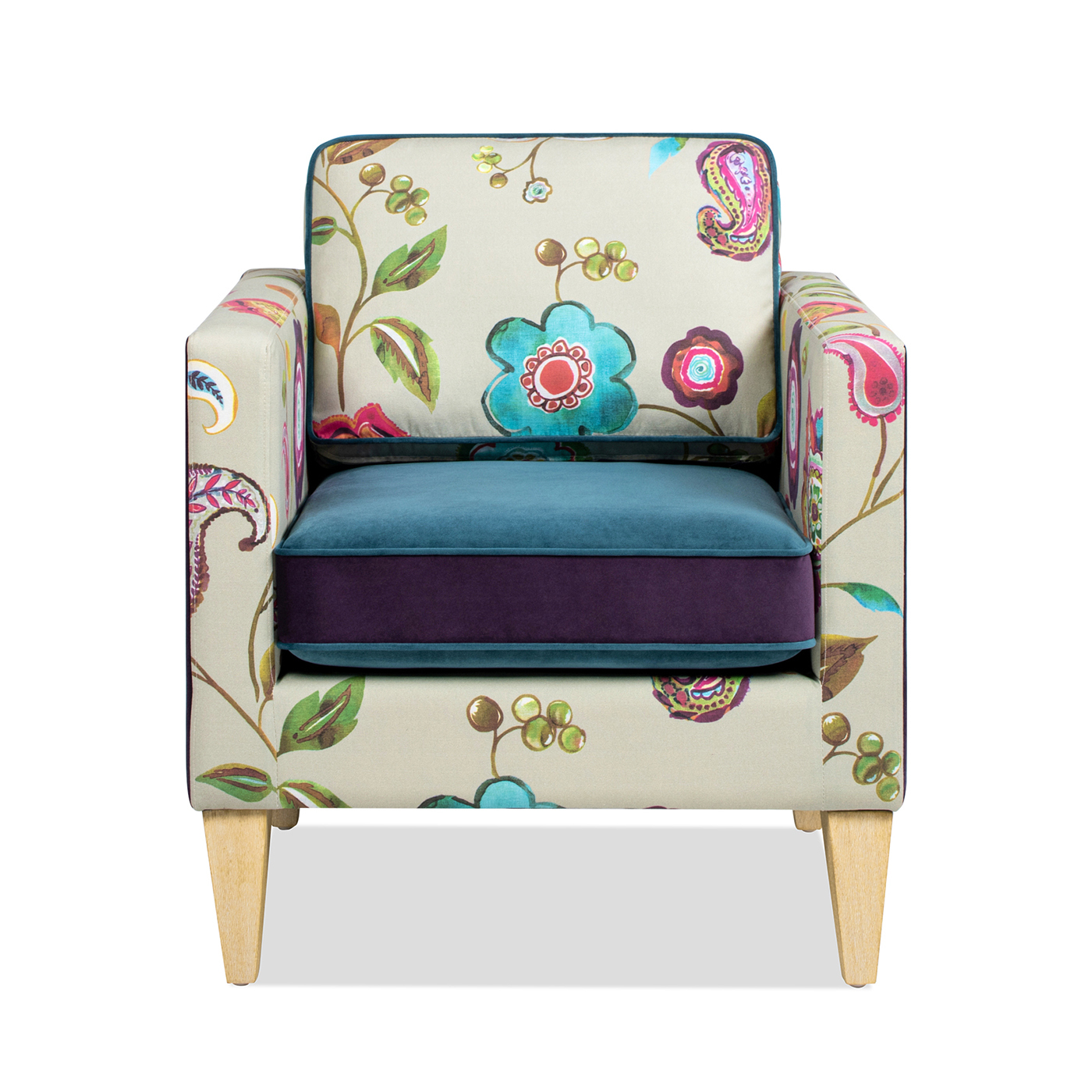 Mamba Patchwork Accent Chair, Teal-Blue Purple Velvet & Multicolored Floral