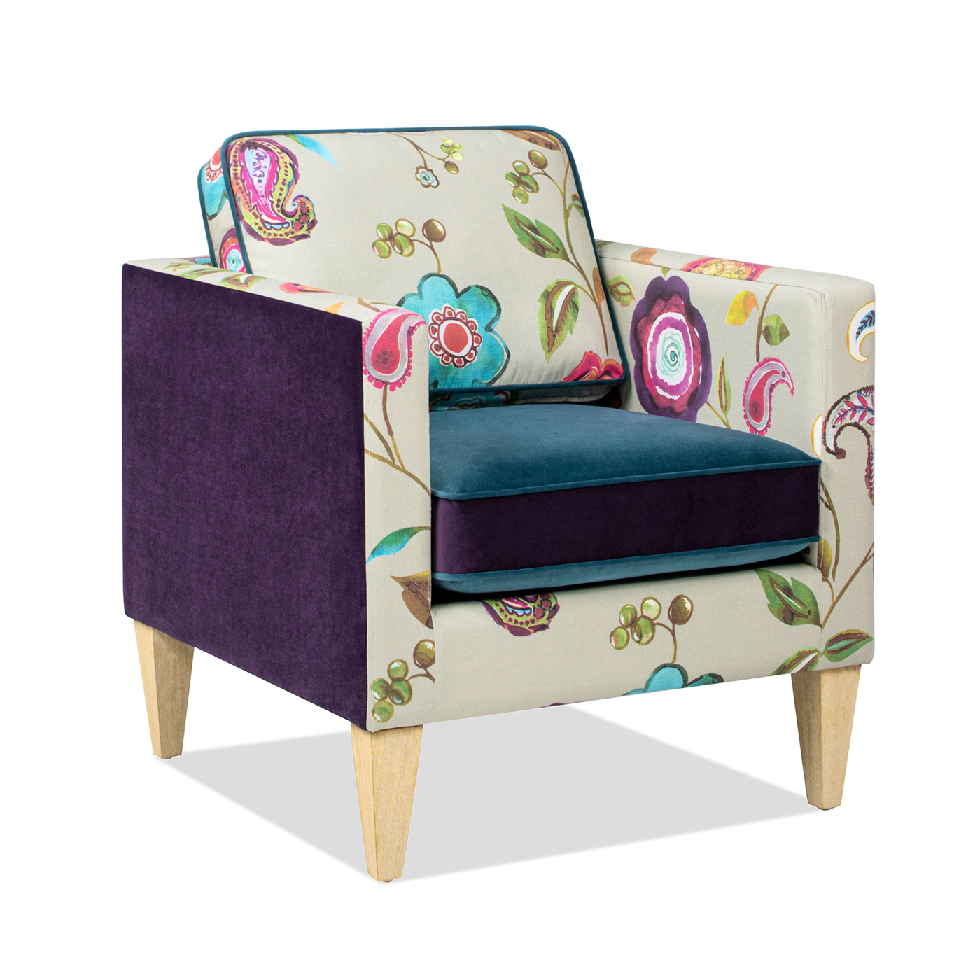 Mamba Patchwork Accent Chair, Teal-Blue Purple Velvet & Multicolored Floral
