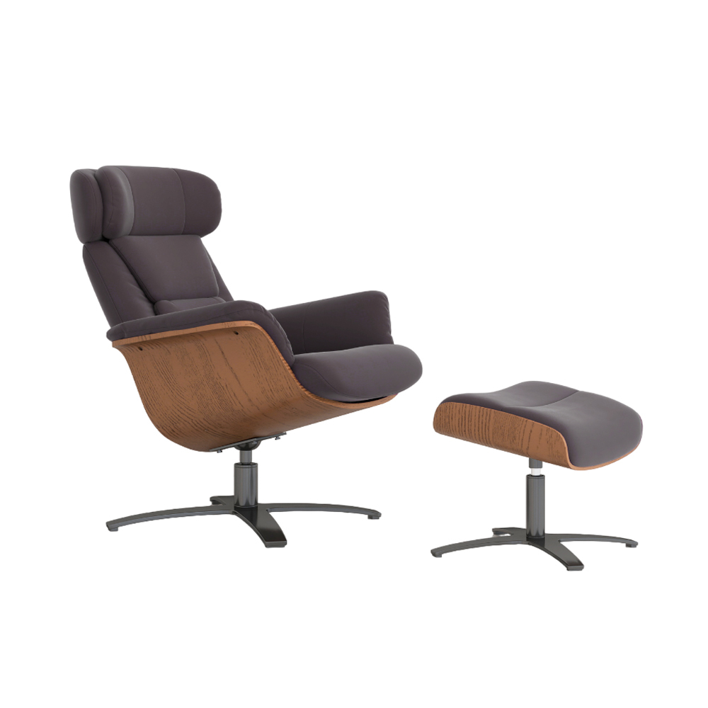 Jovan Mid-Century Modern Genuine Leather Recliner Lounge Chair & Ottoman Set, Cacao Espresso Brown
