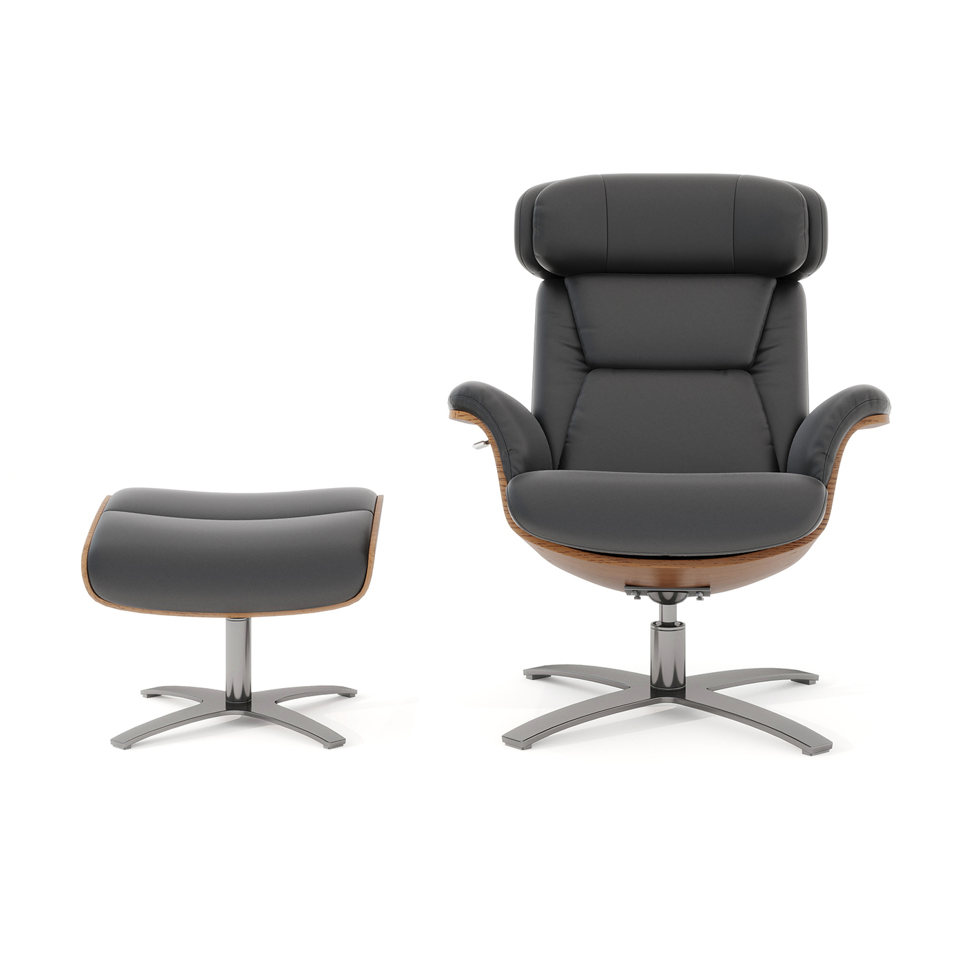 Jovan Mid-Century Modern Genuine Leather Recliner Lounge Chair & Ottoman Set, Shadow Gray