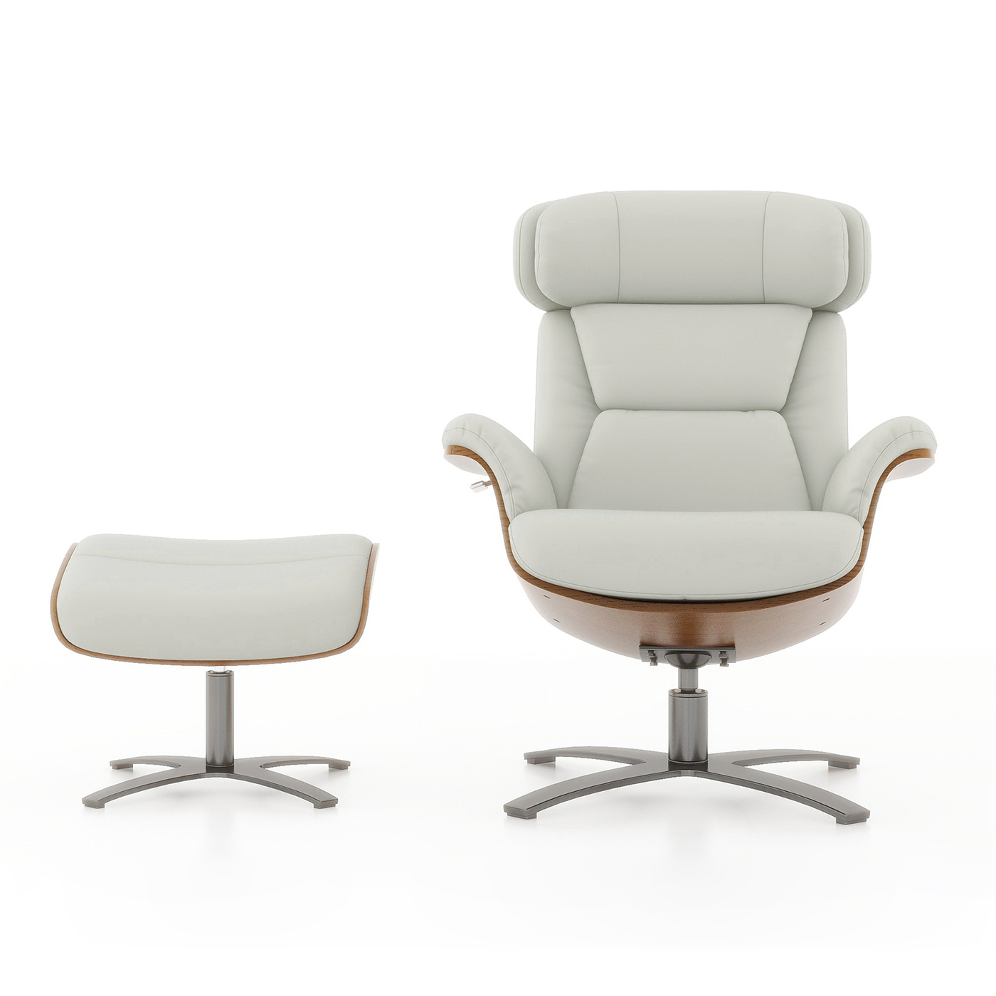 Jovan Mid-Century Modern Genuine Leather Recliner Lounge Chair & Ottoman Set, Pastel Beige