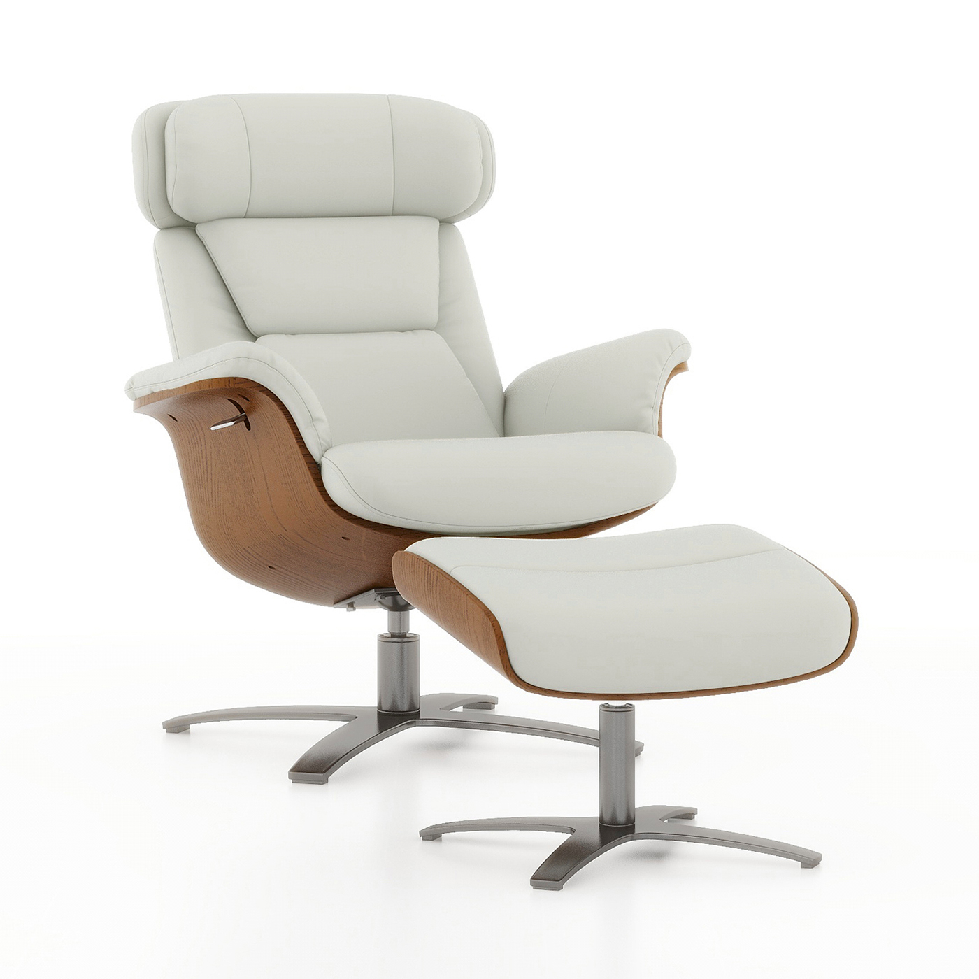 Jovan Mid-Century Modern Genuine Leather Recliner Lounge Chair & Ottoman Set, Pastel Beige