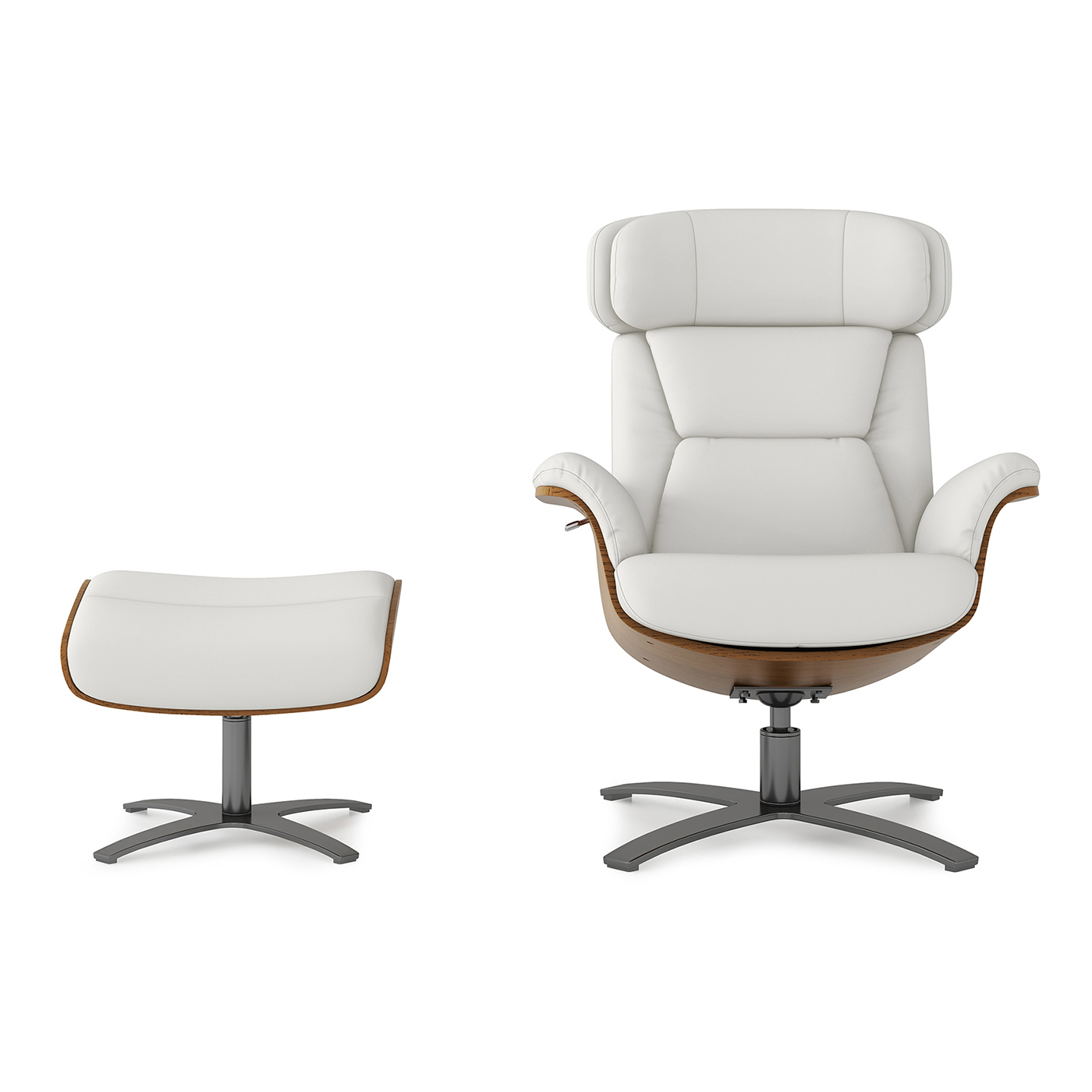 Jovan Mid-Century Modern Genuine Leather Recliner Lounge Chair & Ottoman Set, Porcelain White