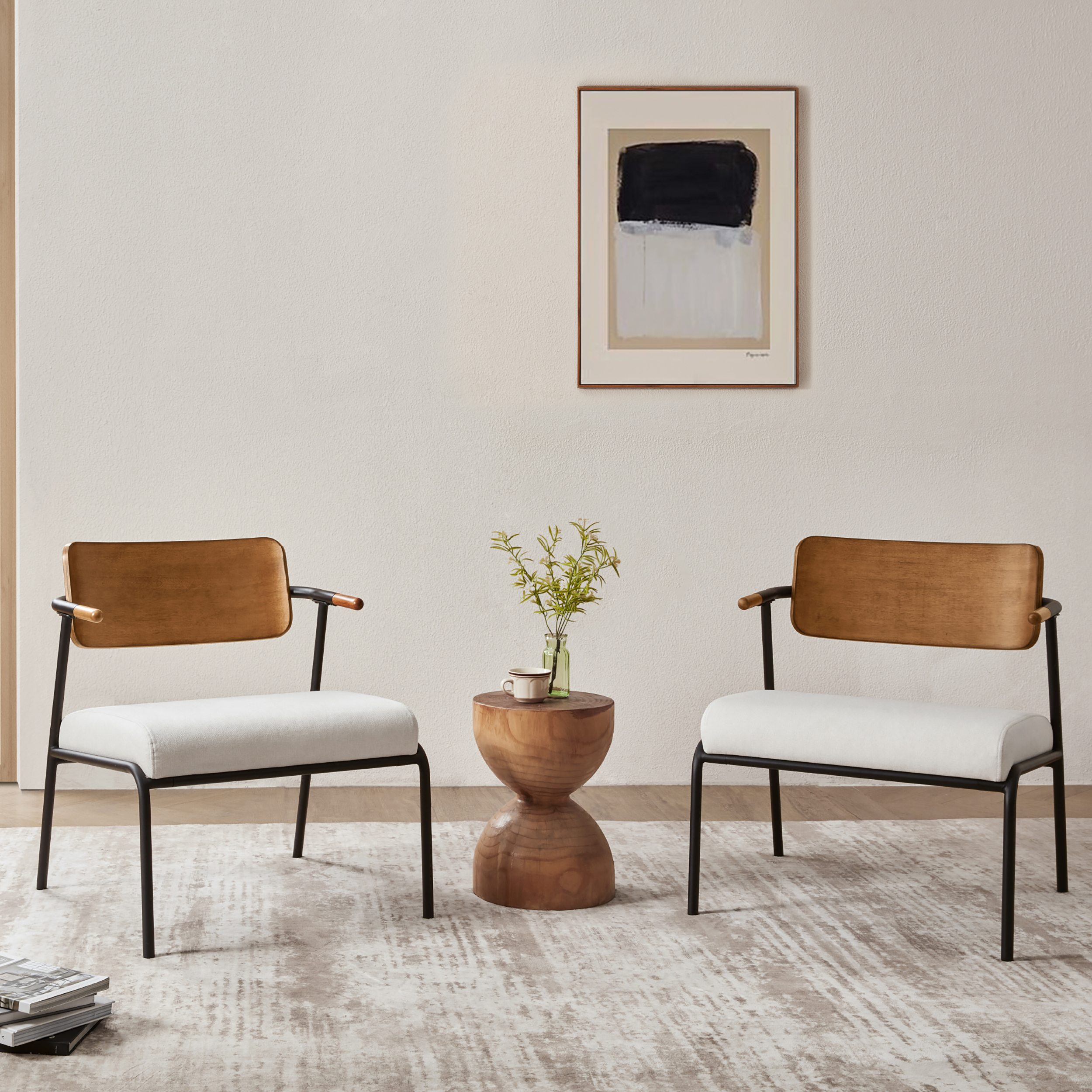 Kelvin Mixed Material Accent Arm Chair, Cream White Upholstery & Black Metal