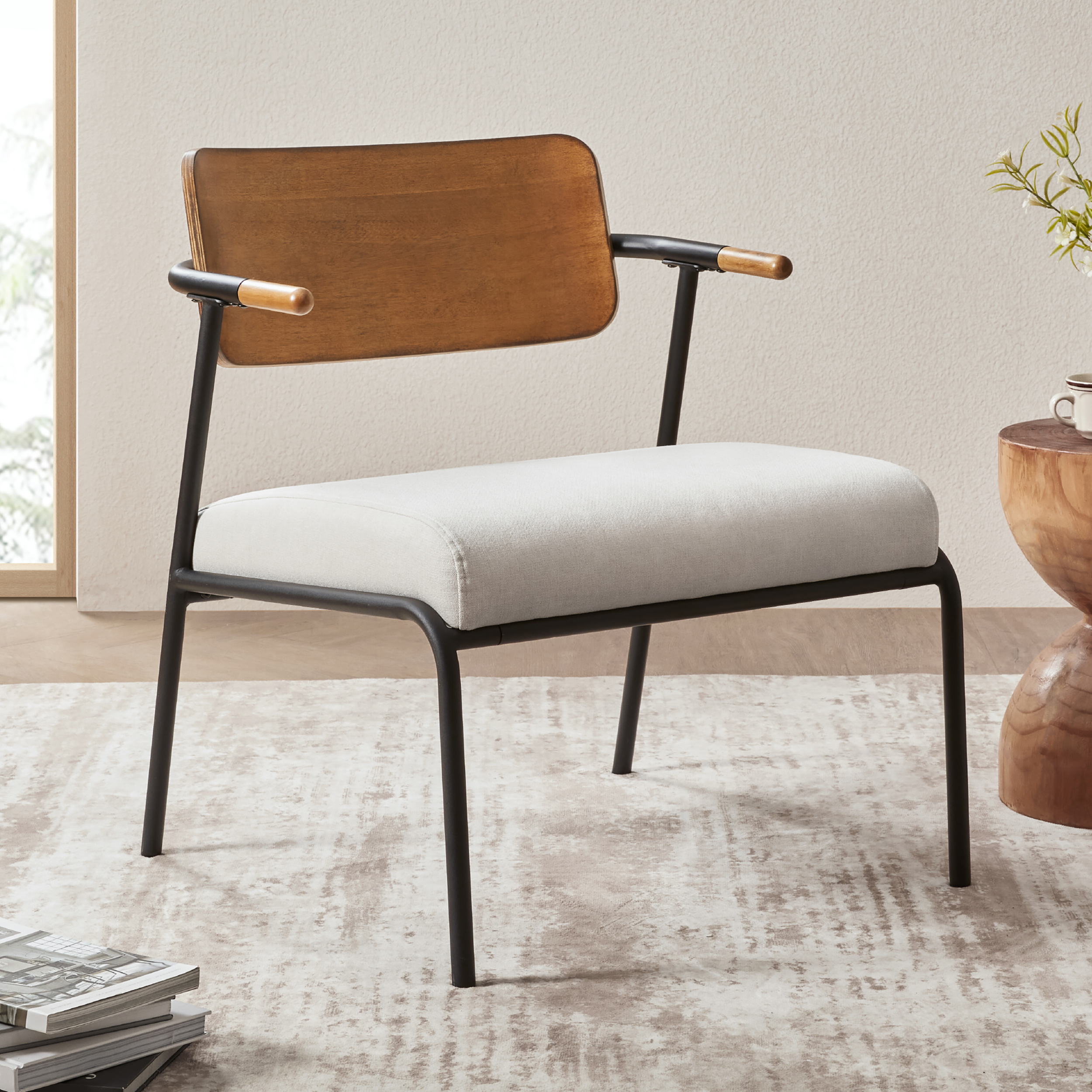 Kelvin Mixed Material Accent Arm Chair, Cream White Upholstery & Black Metal