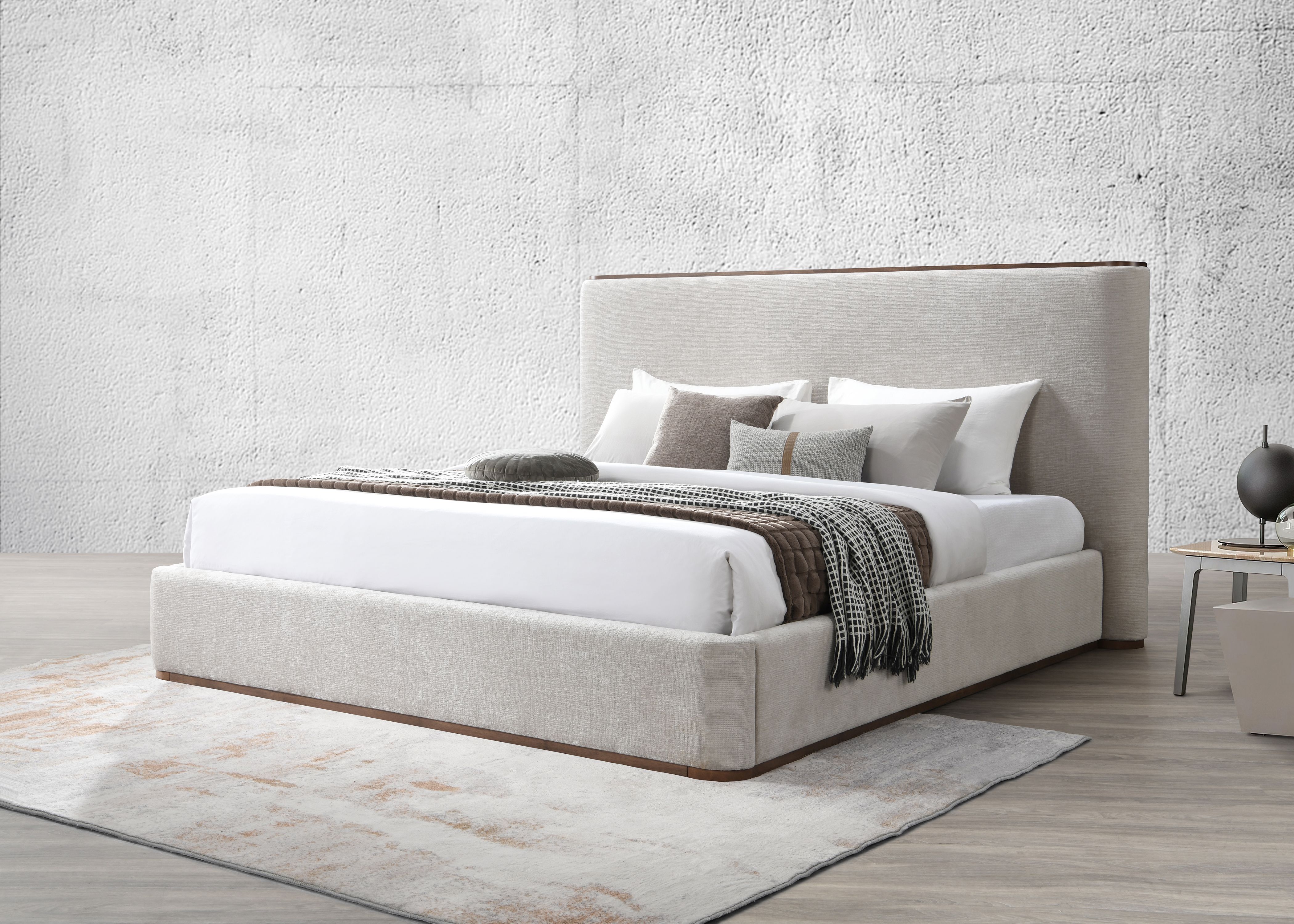 Arlen Upholstered Platform Bed with Curved Corner Headboard and Wood Trim, King, Gray