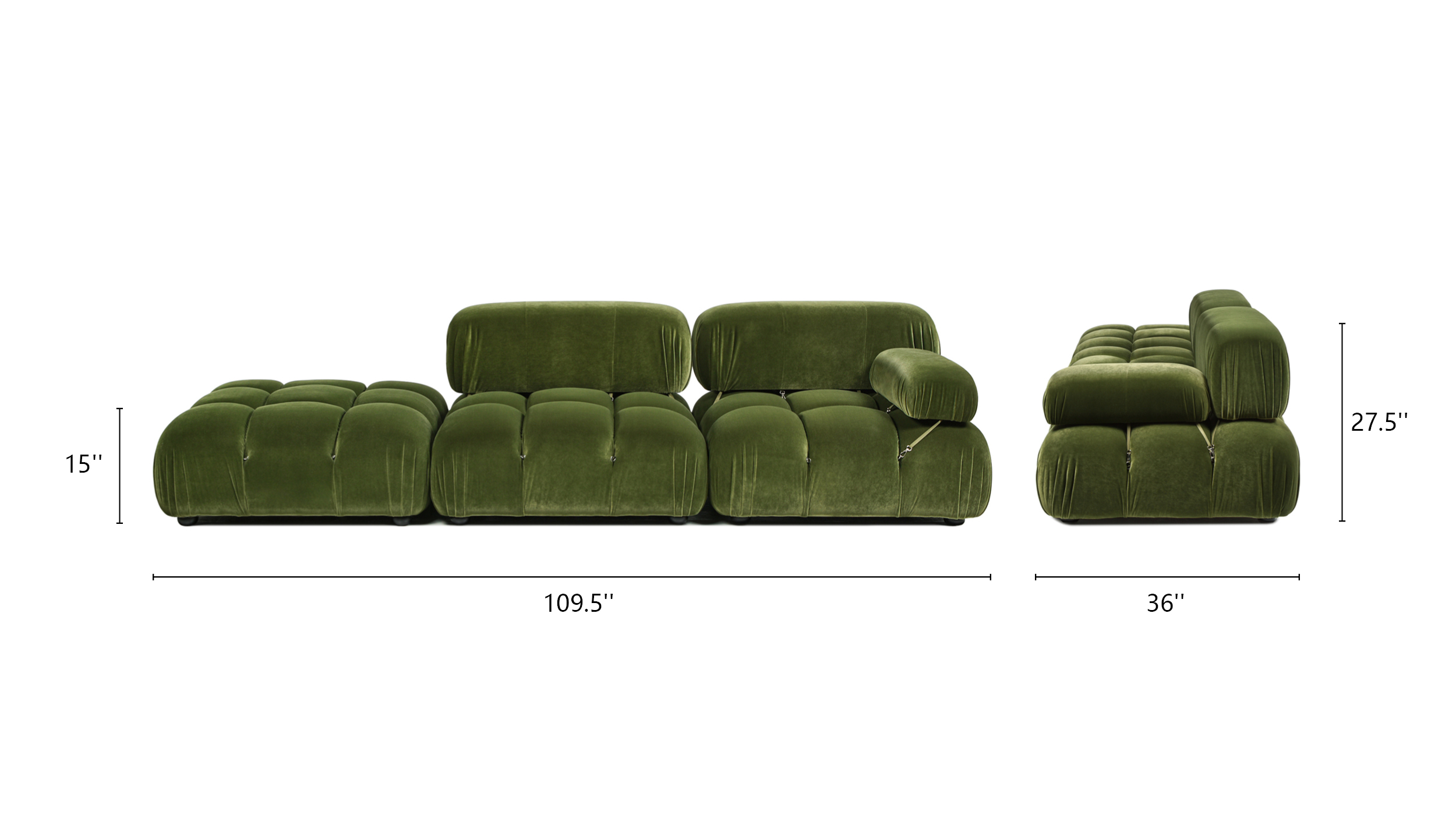 Marcel Bubble Modular Modern Chaise Single Arm 3-Piece Sofa, Olive Green