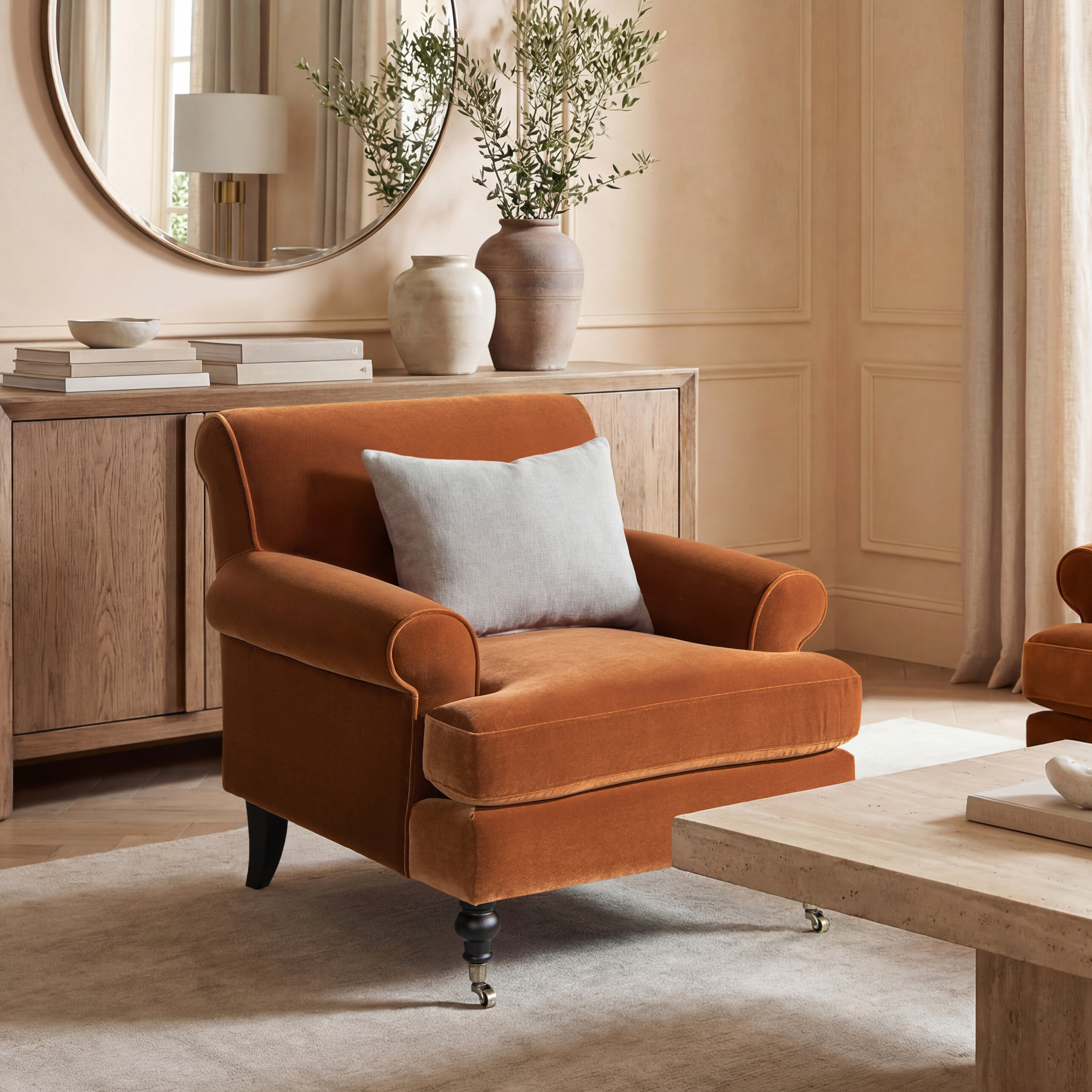 Alana Lawson Accent Arm Chair Metal Casters, Burnt Orange