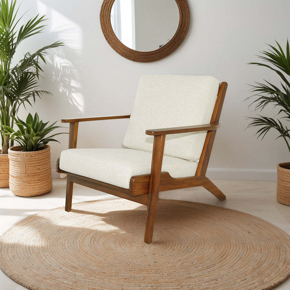 Kairo Mid-Century Lounge Chair, Teak Wood Frame with Linen Upholstery