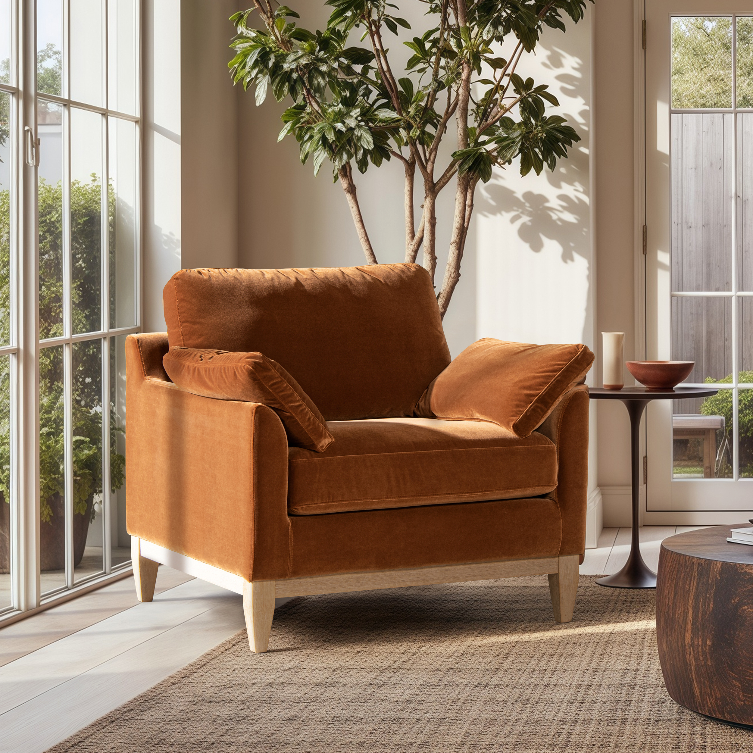 Pasadena Wide Modern Farmhouse Accent Arm Chair, Burnt Orange Performance Velvet