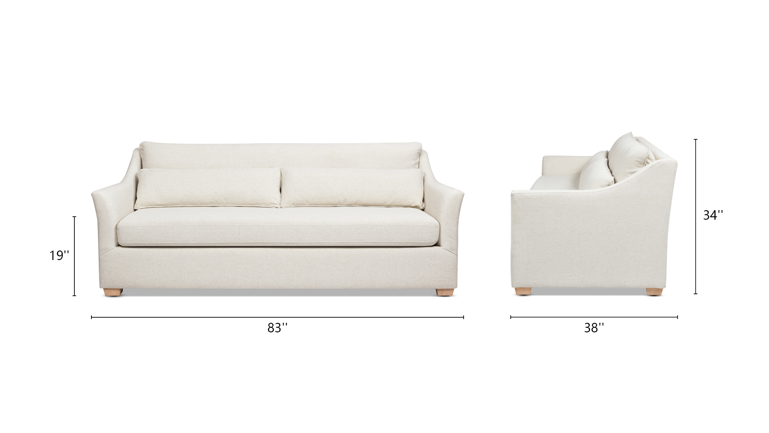 Ada Flared Arm Contemporary Sofa with Lumbar Pillows, Flax White