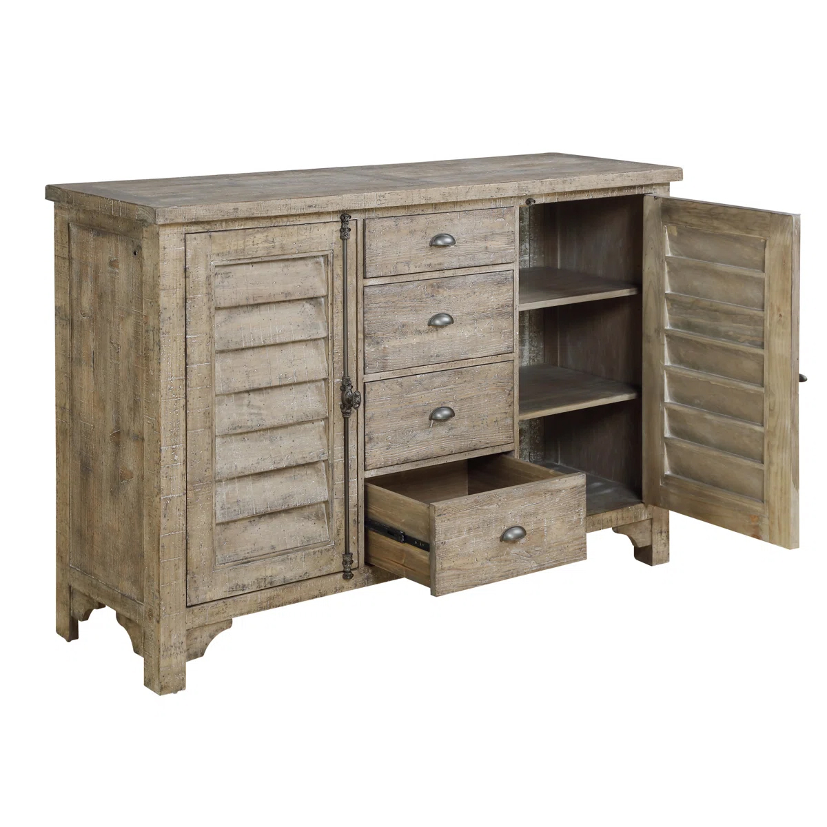 Montclair Distressed Solid Pine Sideboard with Louvered Doors, Adjustable Shelves, and Felt-Lined Drawer in Sandstone Gray