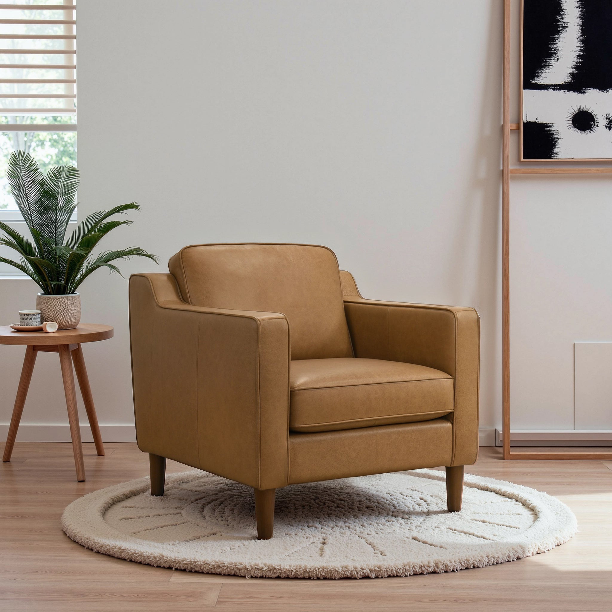 Ellison Modern Genuine Leather Accent Chair with Track Arms and Solid Wood Legs