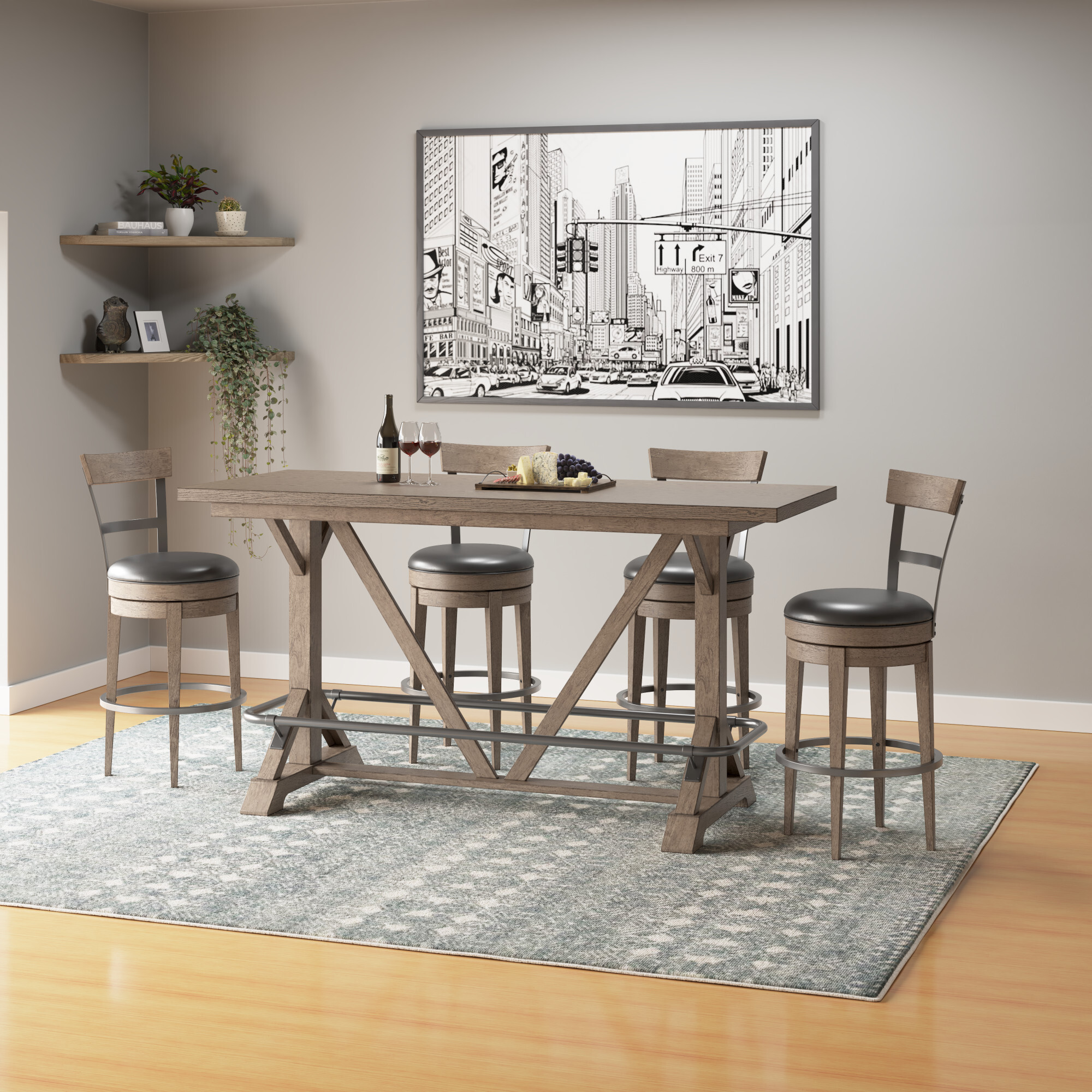Cameron 6-Person Bar-Height Trestle Table with Solid Oak Top and Rubberwood Base, Pecan Brown