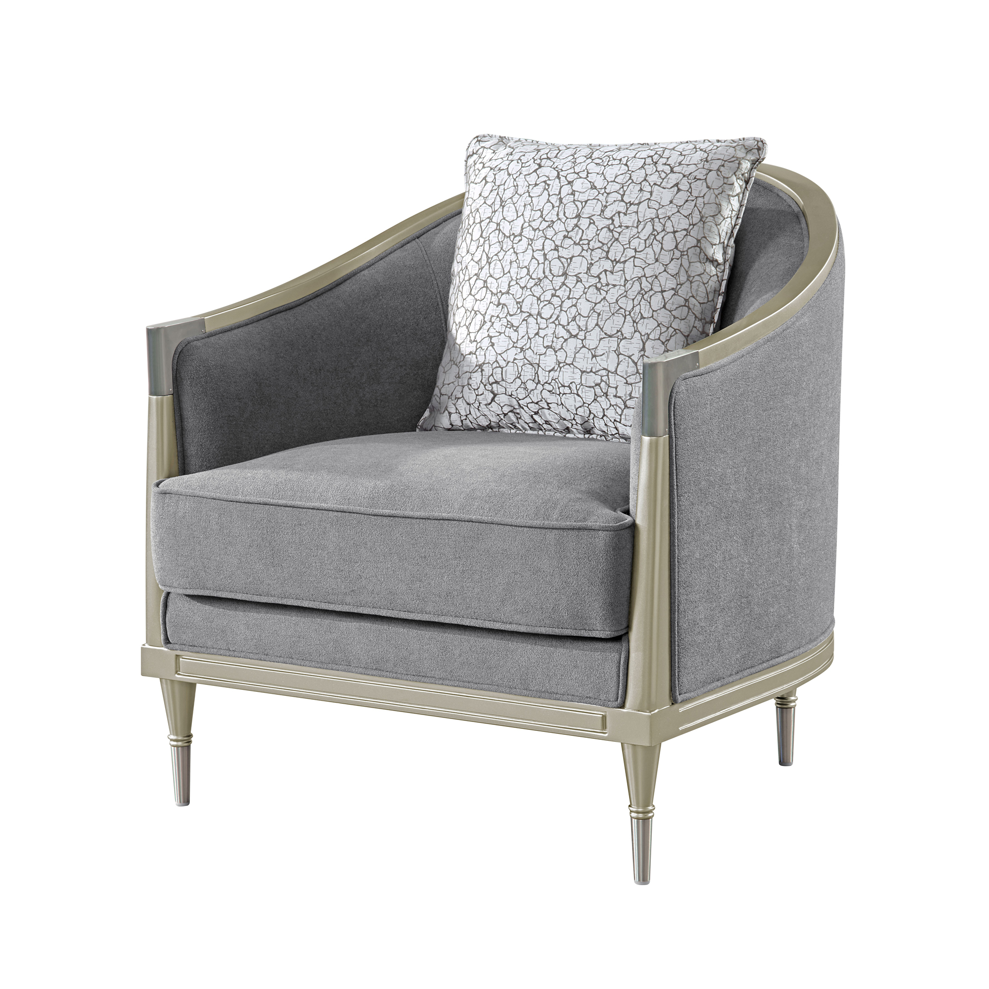 Seraphine Chenille Accent Chair with Champagne Wood Frame, Nickel Metal Accents, and 1 Pillow