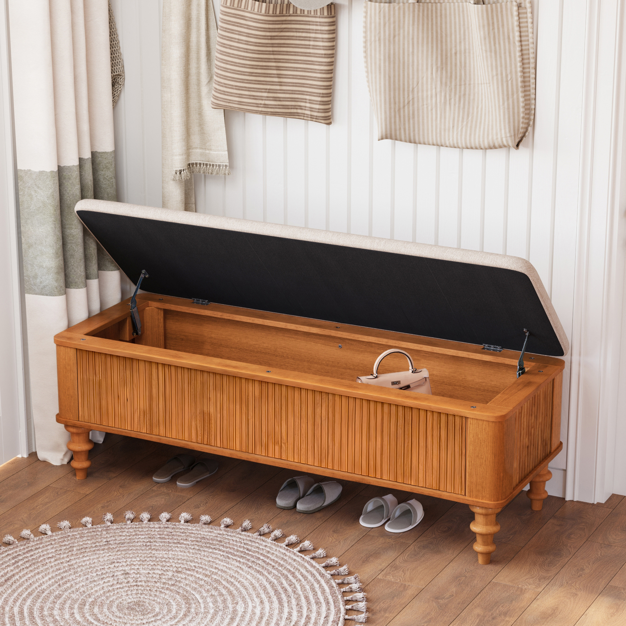 Briarfield Fluted Rubberwood Storage Bench with Linen Upholstered Lift-Top Seat