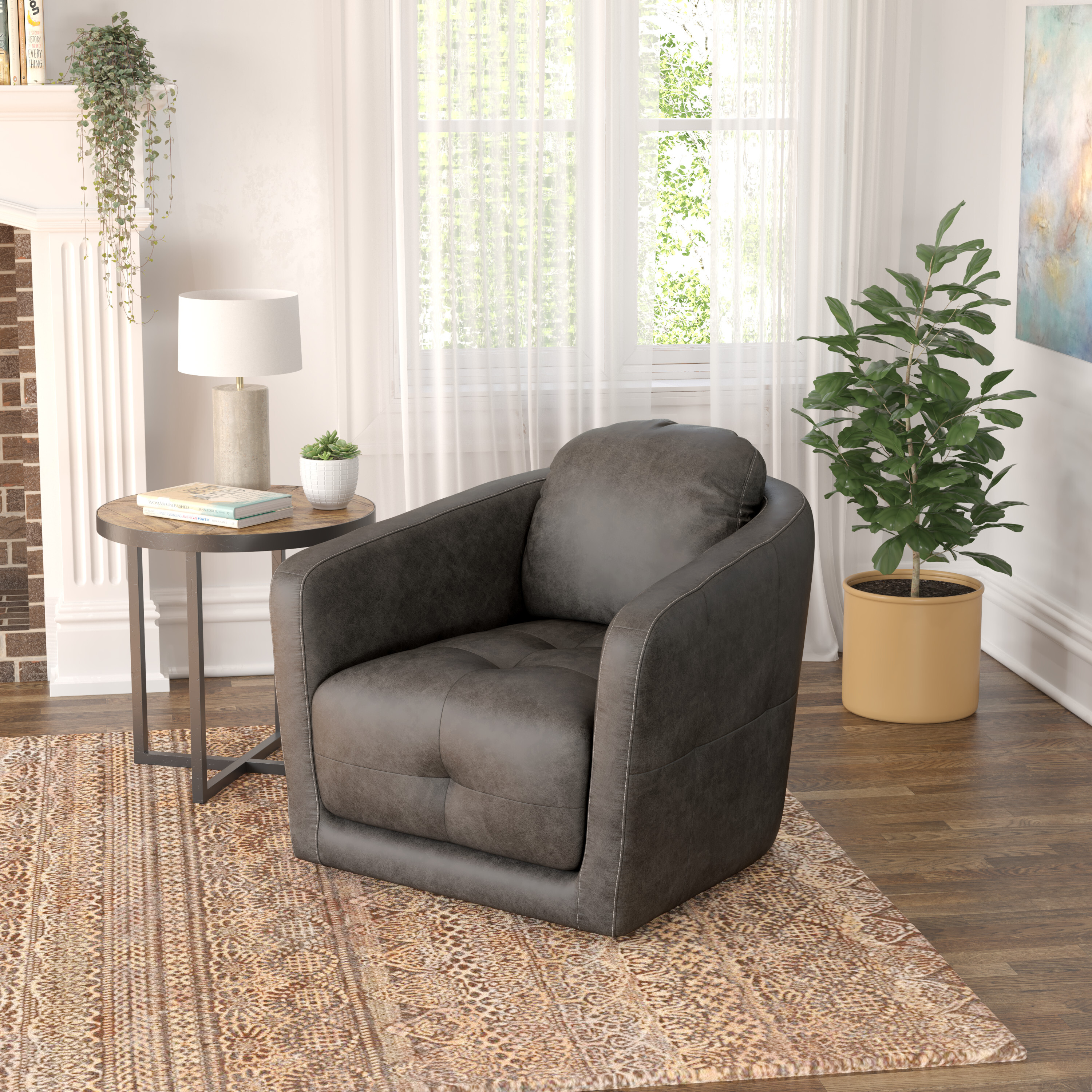 Ronan Faux Leather Swivel Barrel Accent Chair, Steel Gray
