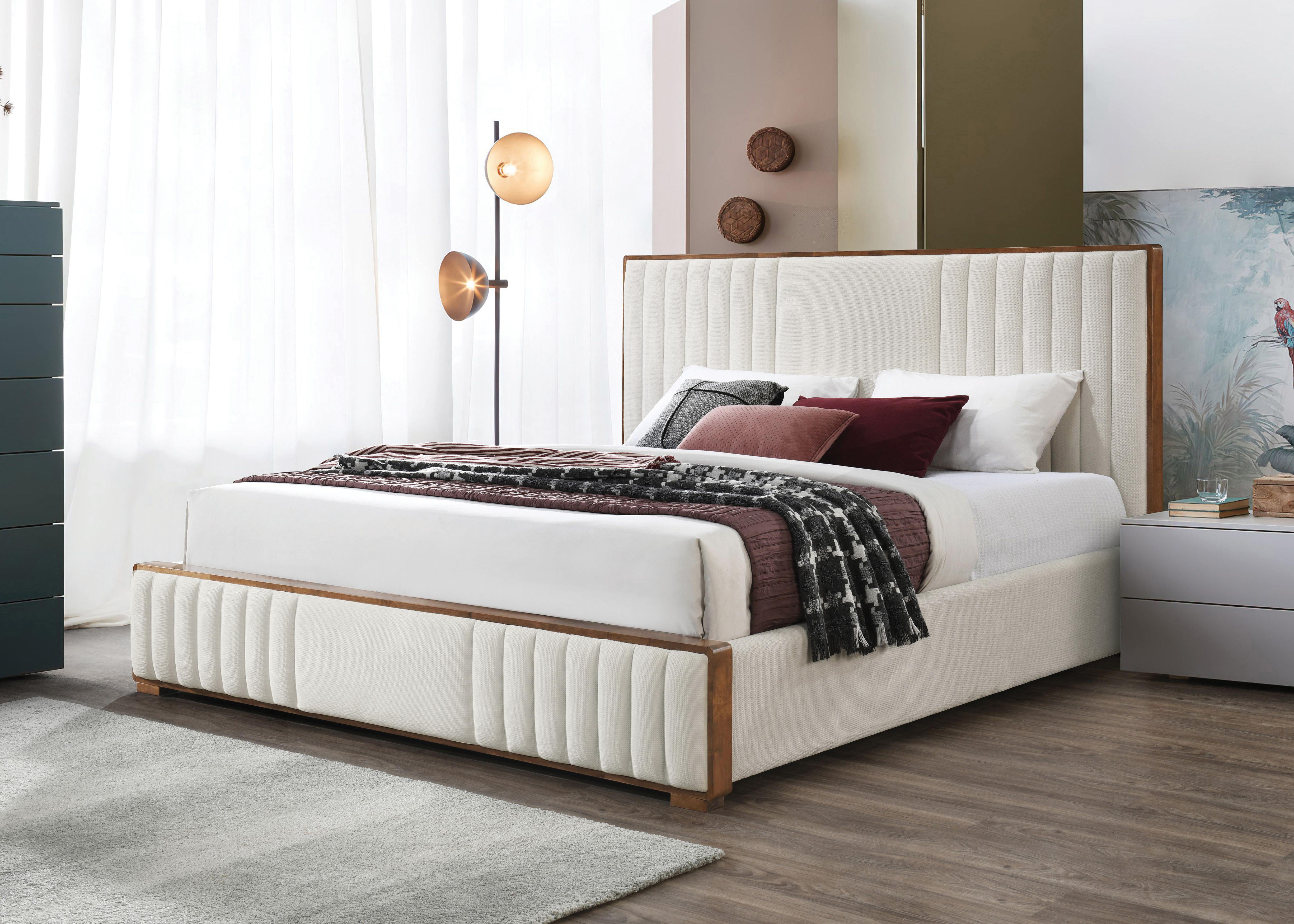 Mia Channel Tufted Upholstered Platform Bed, Queen, Chenille Beige