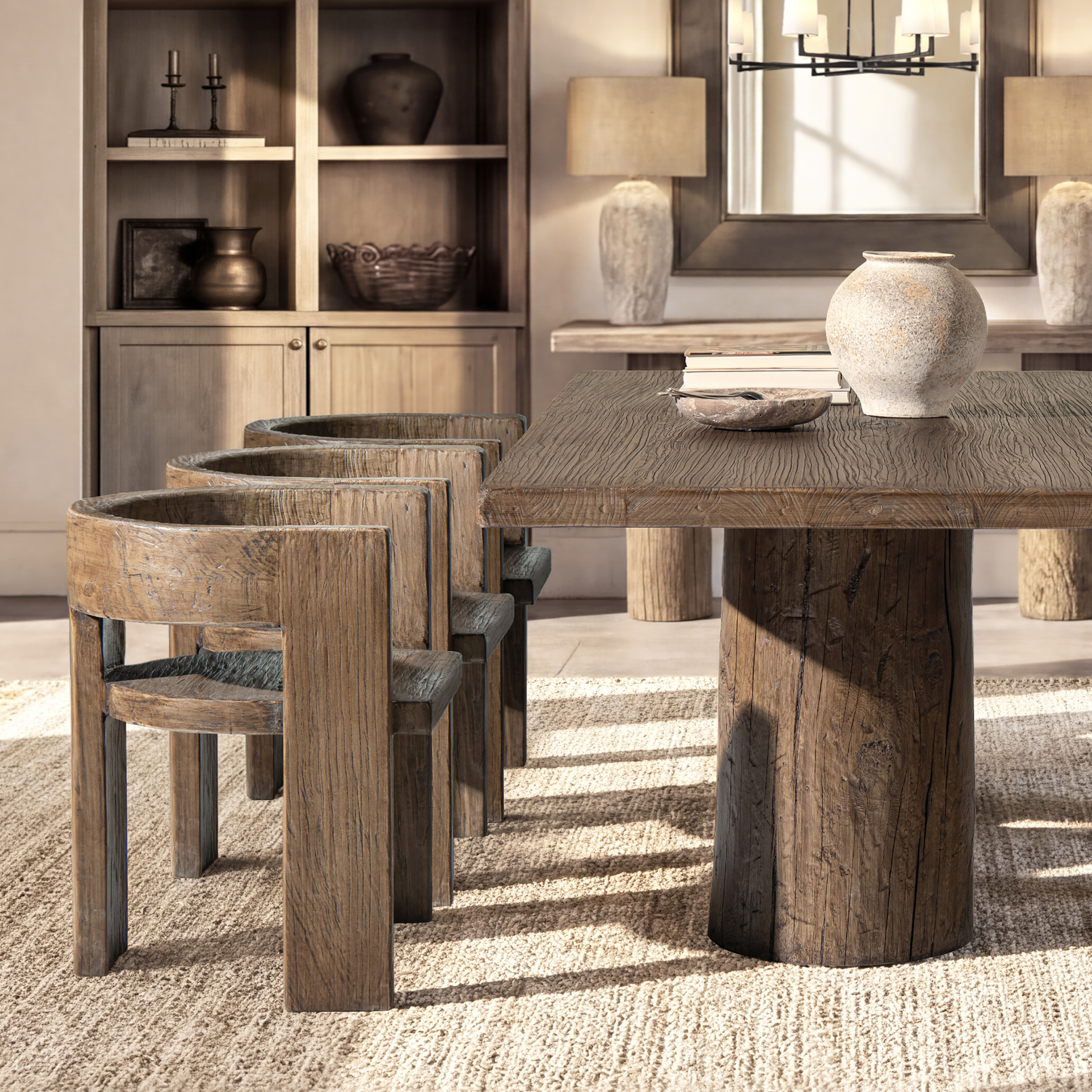 Soren Solid Reclaimed Elm Sculptural Accent Curved Dining Chair, Heritage Medium-Dark Brown