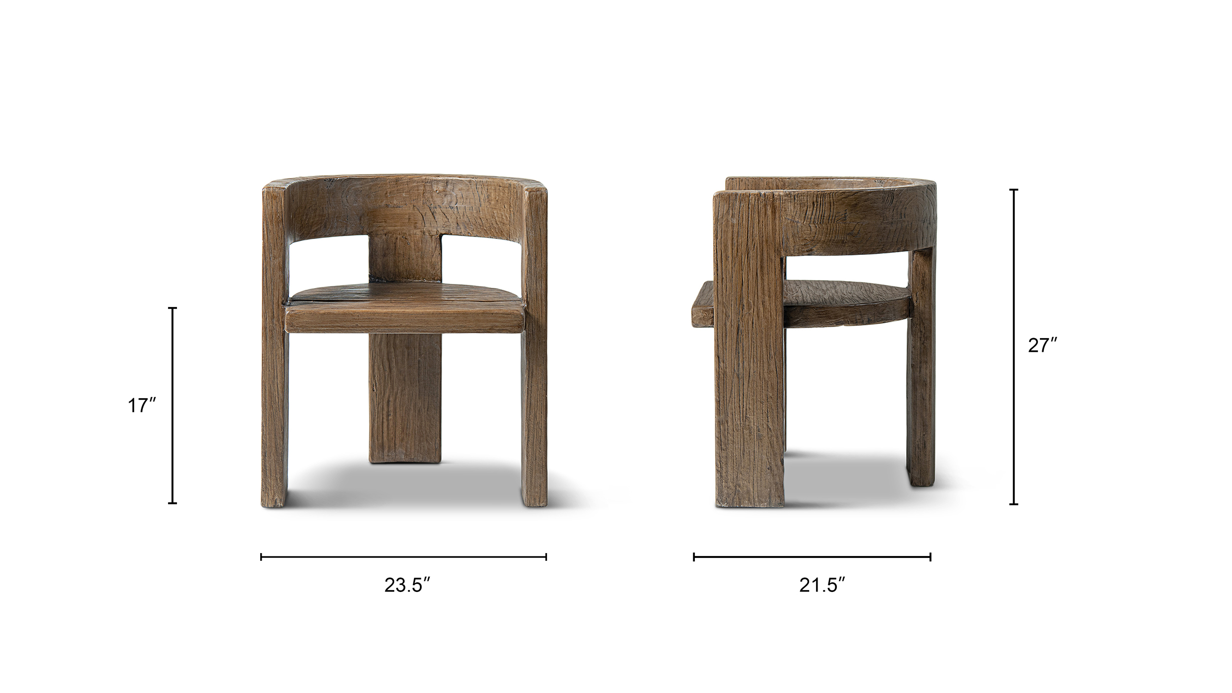 Soren Solid Reclaimed Elm Sculptural Accent Curved Dining Chair, Heritage Medium-Dark Brown