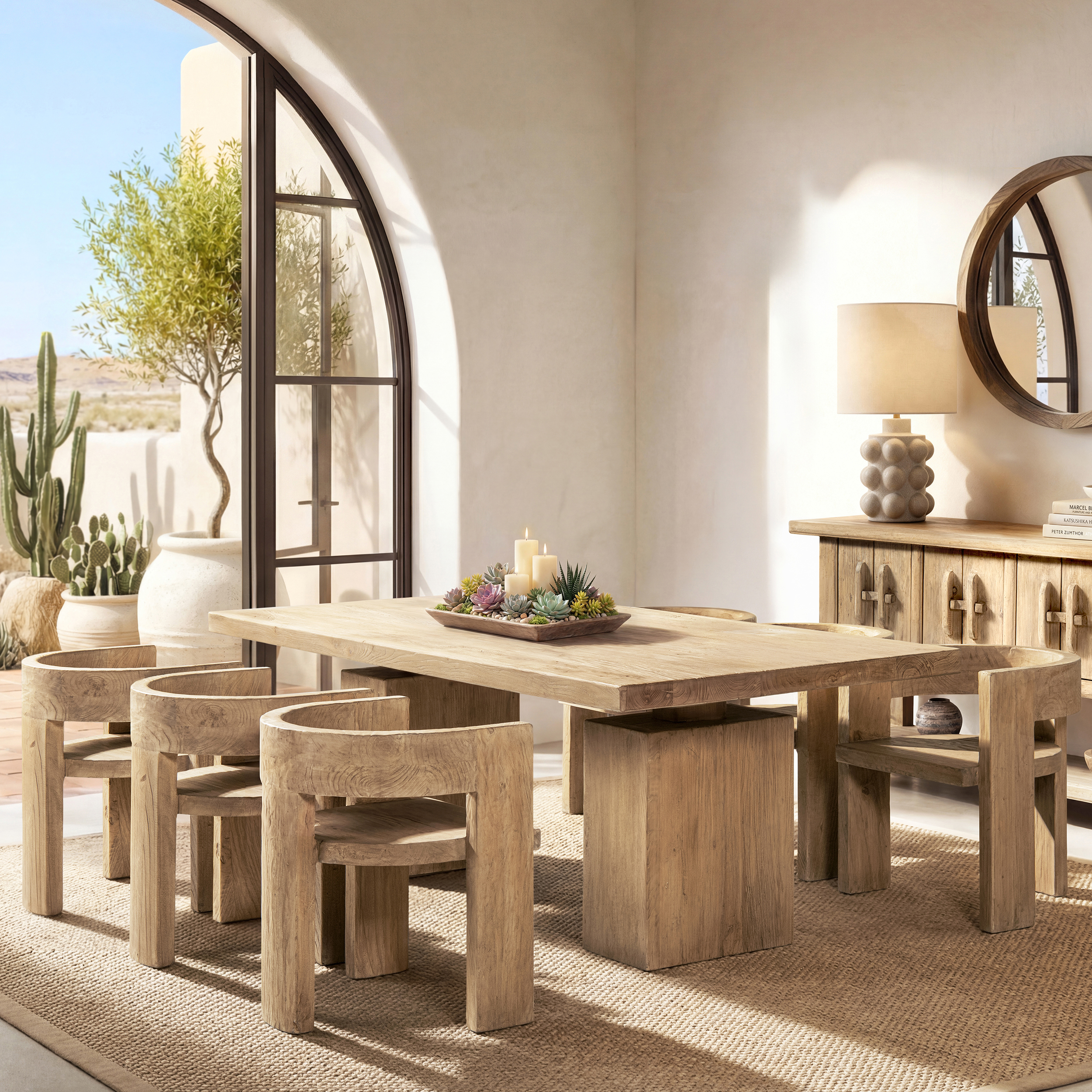 Soren Solid Reclaimed Elm Sculptural Accent Curved Dining Chair, Heritage Light Natural Brown