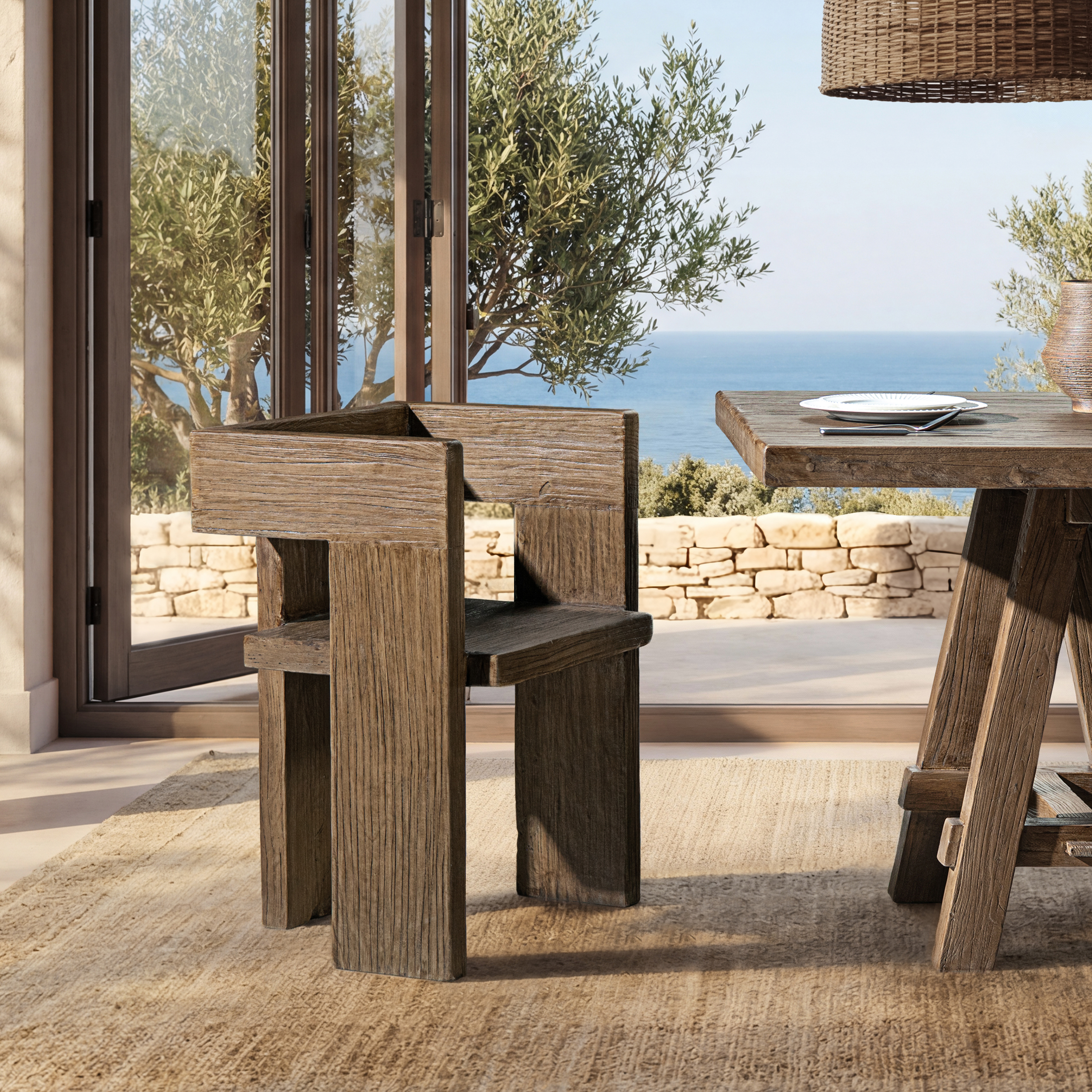 Avenel Solid Reclaimed Elm Sculptural Block Accent Chair, Heritage Medium-Dark Brown