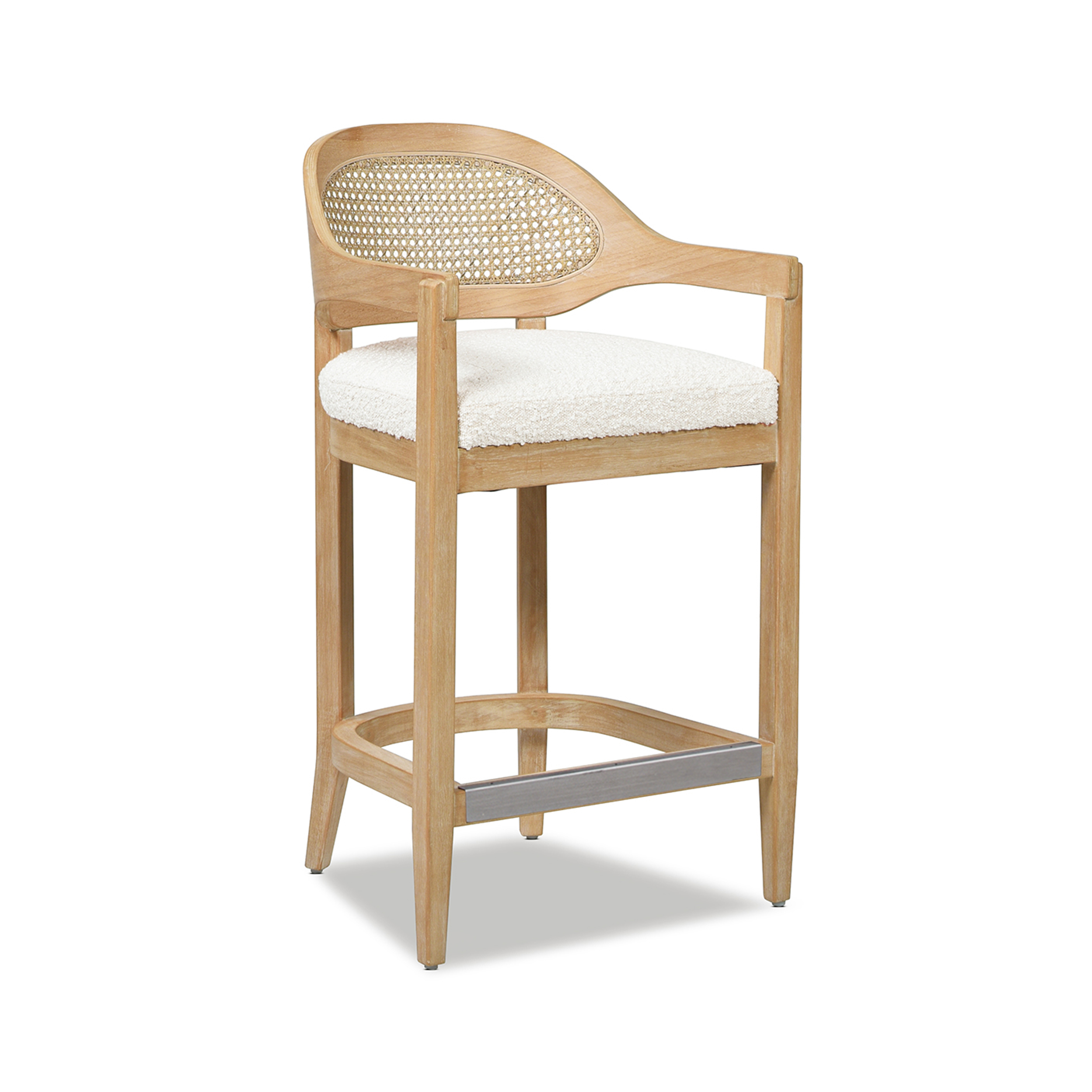 Americana Mid-Century Modern Cane Back Counter Stool, Ivory White Bouclé