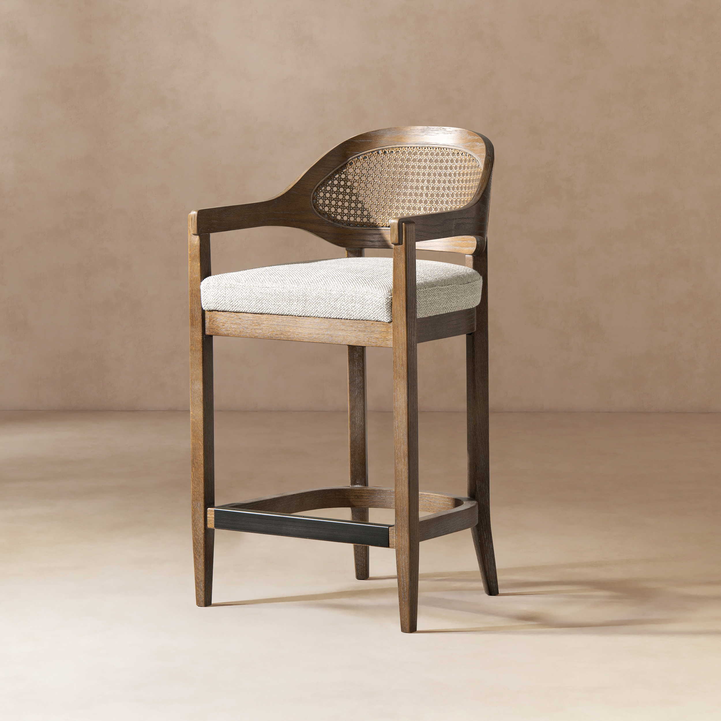 Americana Mid-Century Modern Cane Back Counter Stool, Two-Tone Neutral Gray