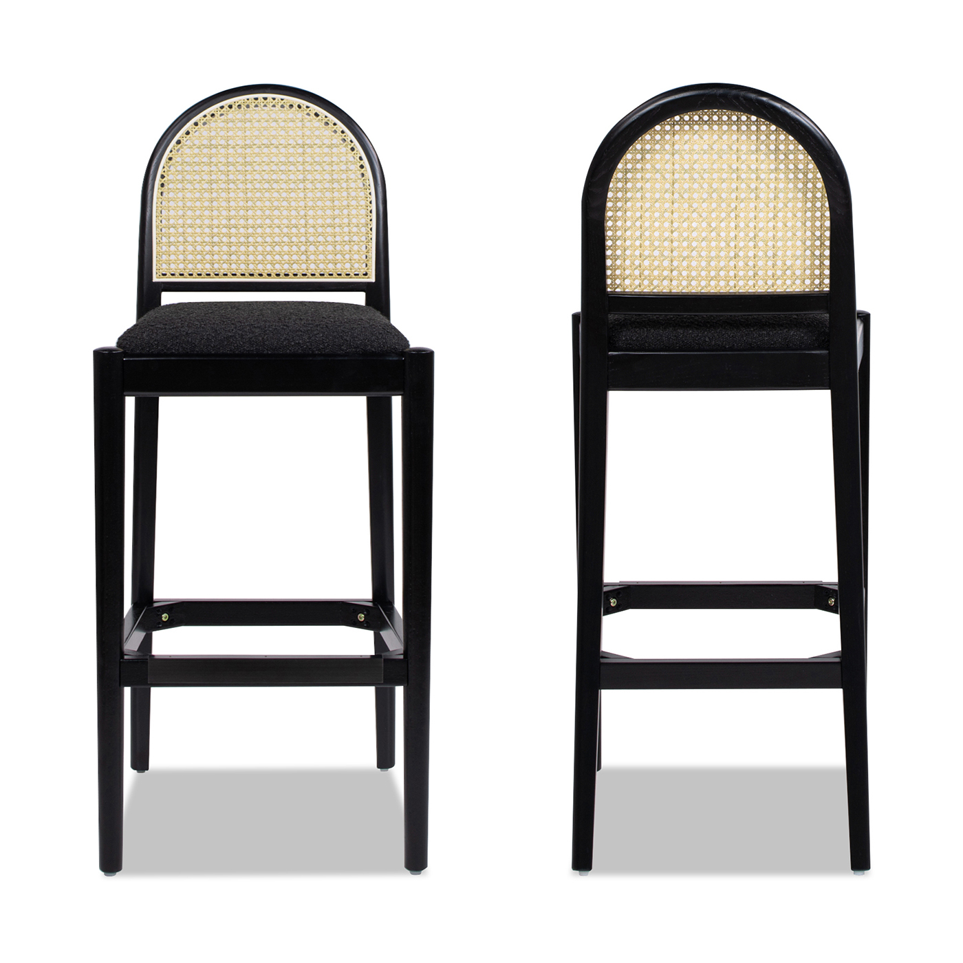 Panama Curved Back Cane Rattan Bar Stool, Set of 2, Ebony Black Bouclé