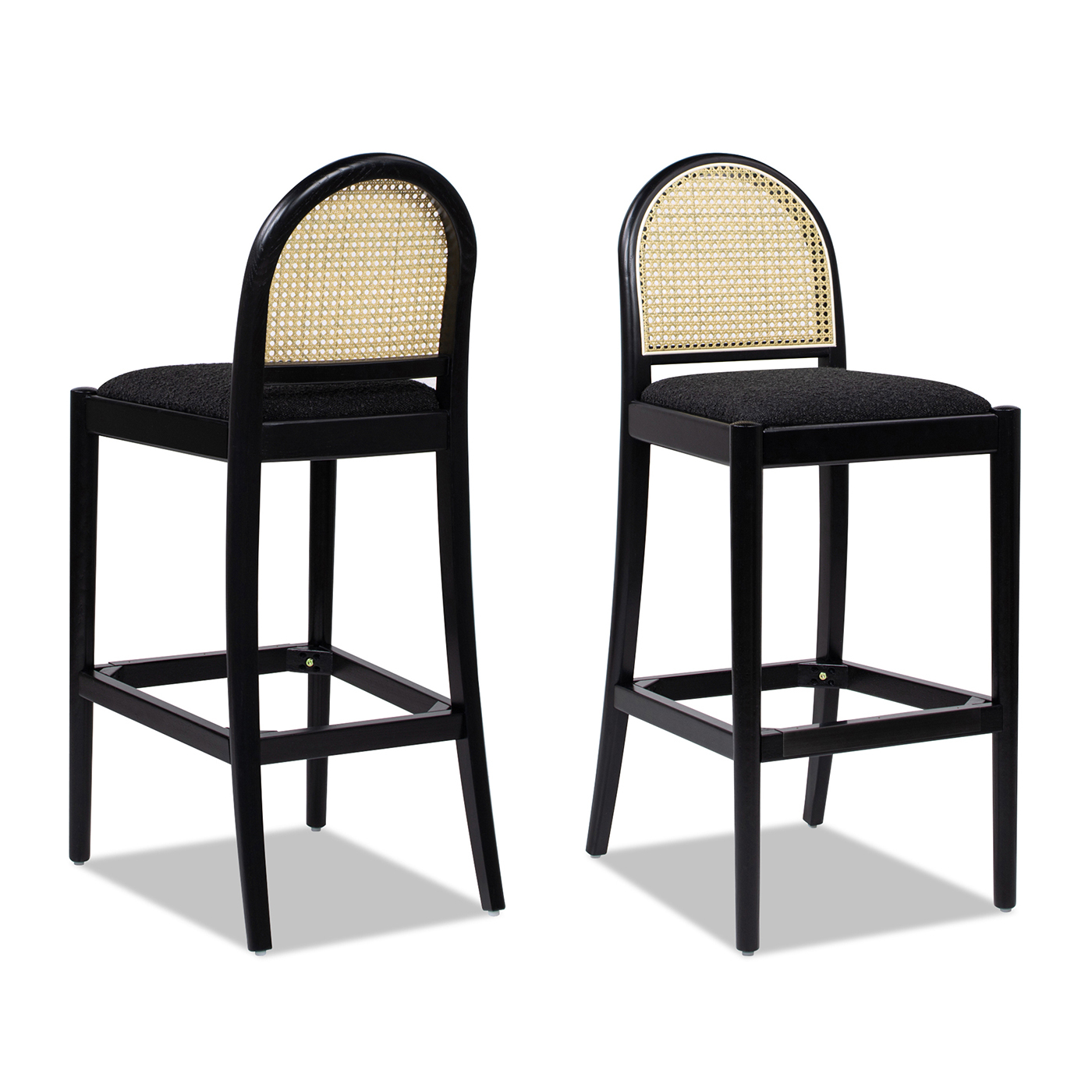 Panama Curved Back Cane Rattan Bar Stool, Set of 2, Ebony Black Bouclé