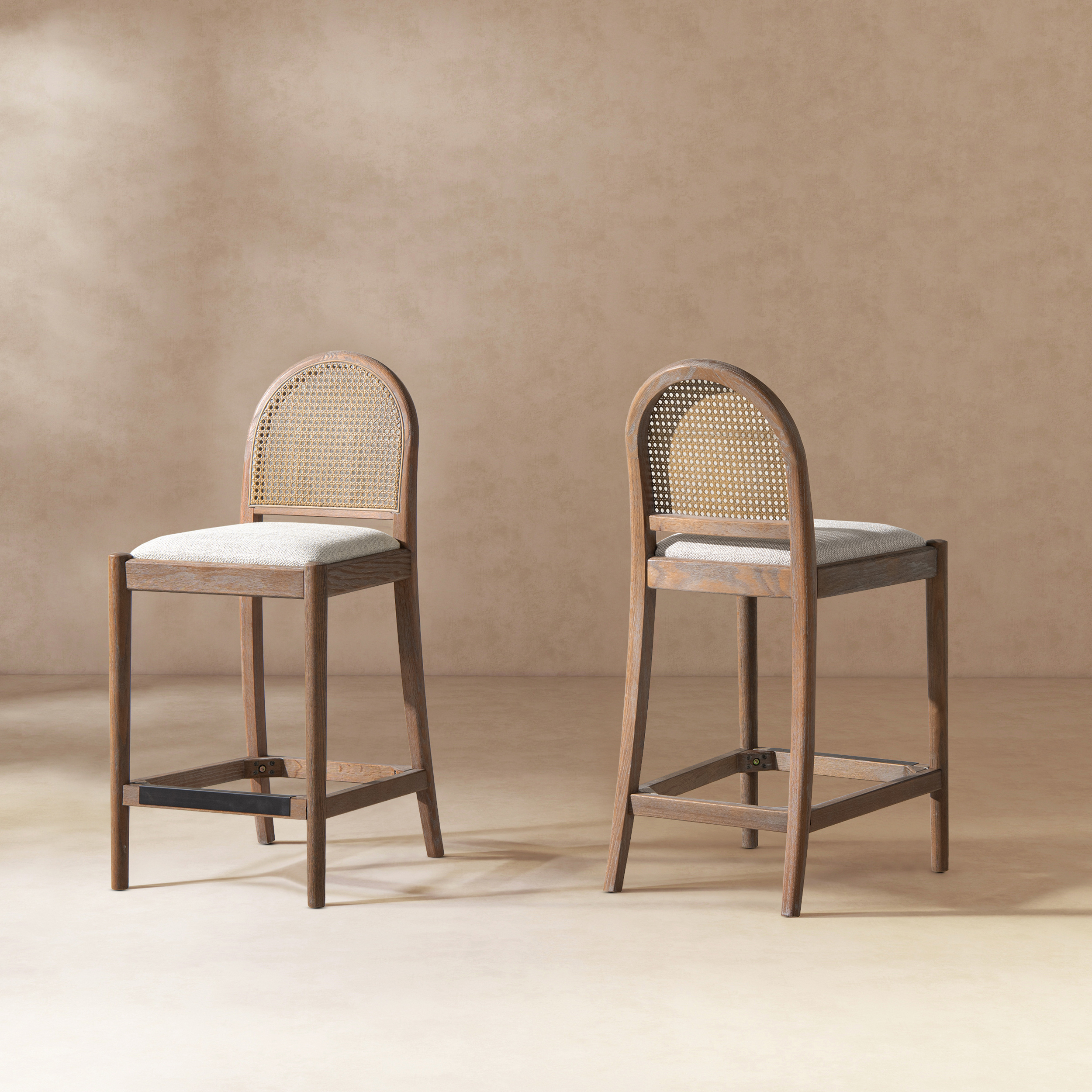 Panama Curved Back Cane Rattan Counter Stool, Set of 2, Two-Tone Neutral Gray
