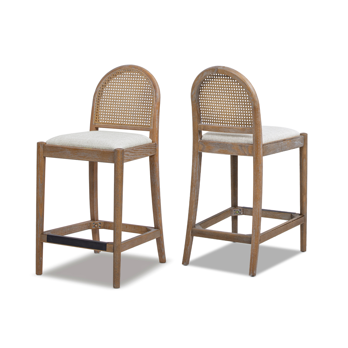 Panama Curved Back Cane Rattan Counter Stool, Set of 2, Two-Tone Neutral Gray
