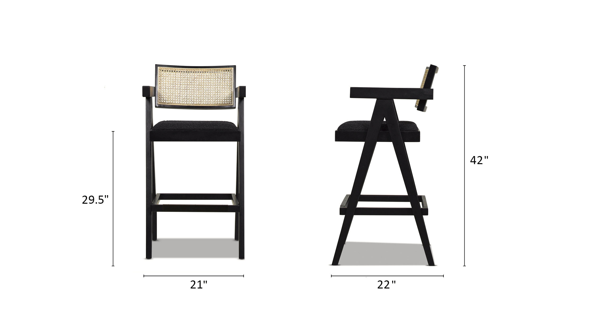 Milan Modern Resin Webbing Back Bar Stool with Arms, Set of 3, Ebony Black Bouclé