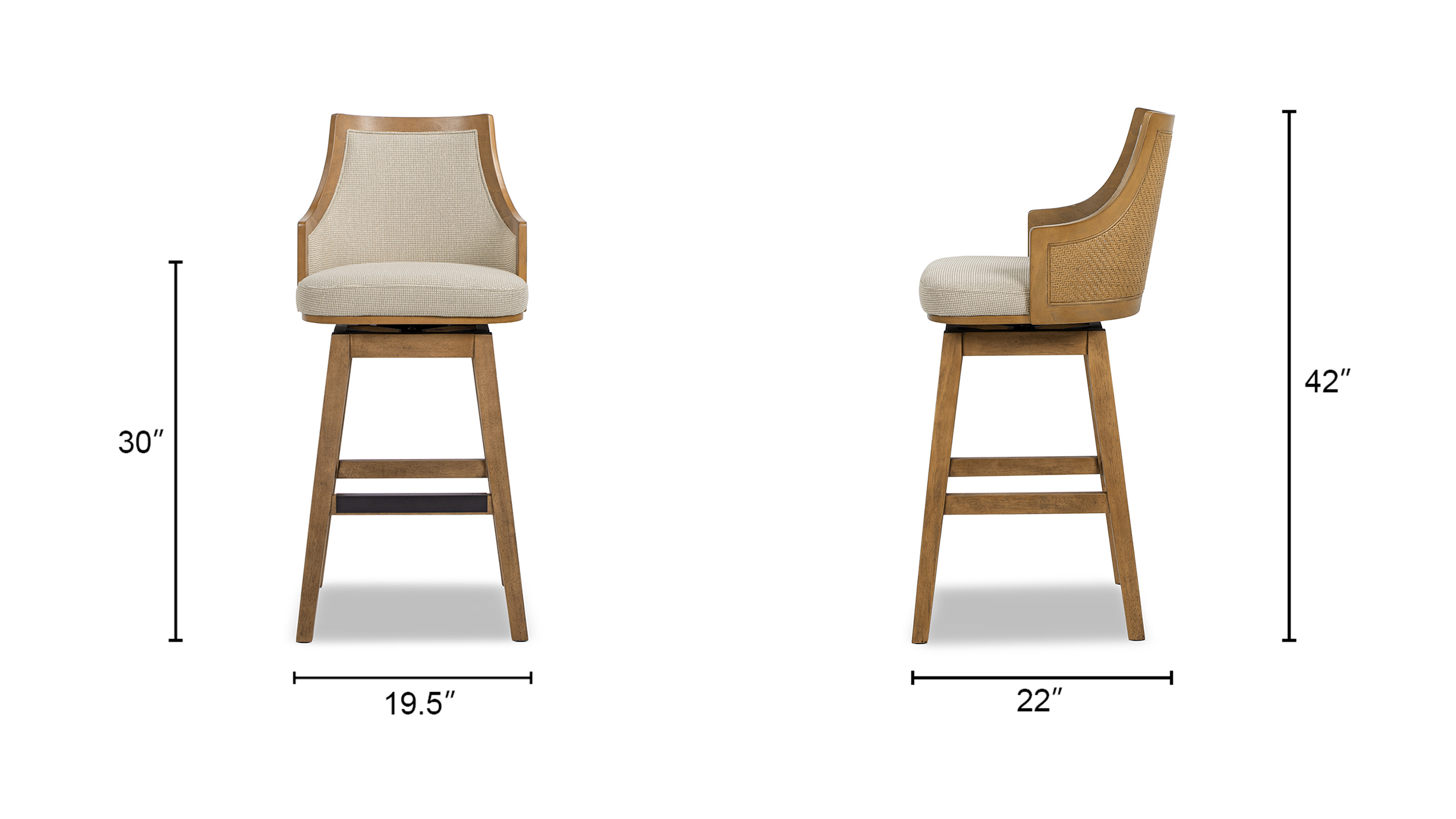 Bahama Cane Rattan High-Back Swivel Bar Stool with Recessed Arms, Taupe Beige