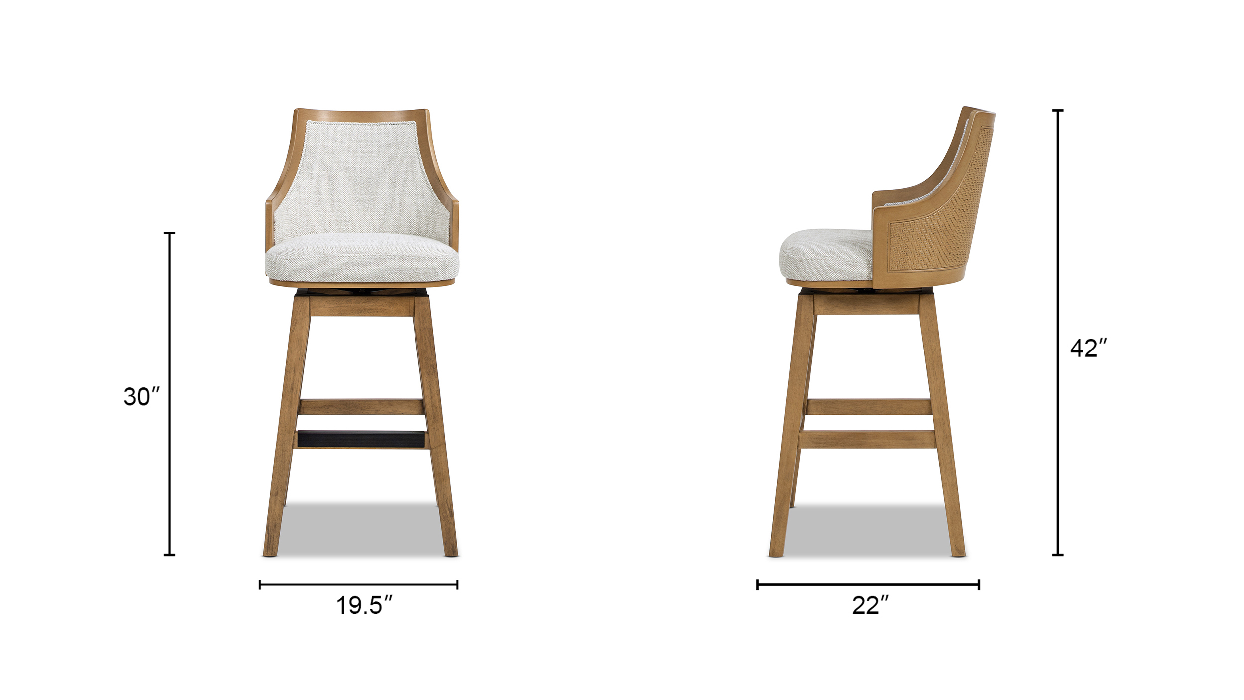 Bahama Cane Rattan High-Back Swivel Bar Stool with Recessed Arms, Two-Tone Neutral Gray Bahama Cane Rattan High-Back Swivel Bar Stool with Recessed Arms, Two-Tone Neutral Gray