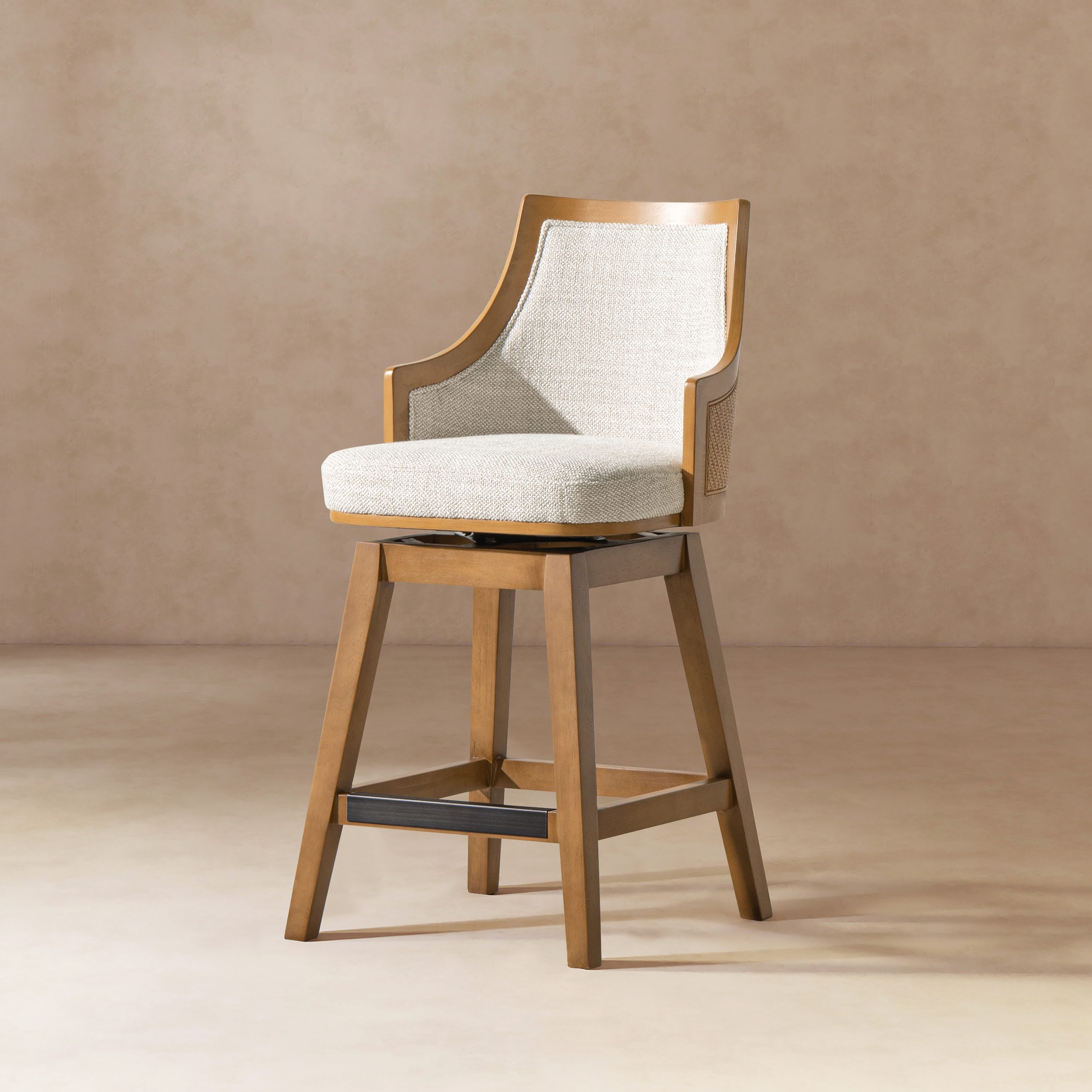 Bahama Cane Rattan High-Back Swivel Counter Stool with Recessed Arms, Two-Tone Neutral Gray