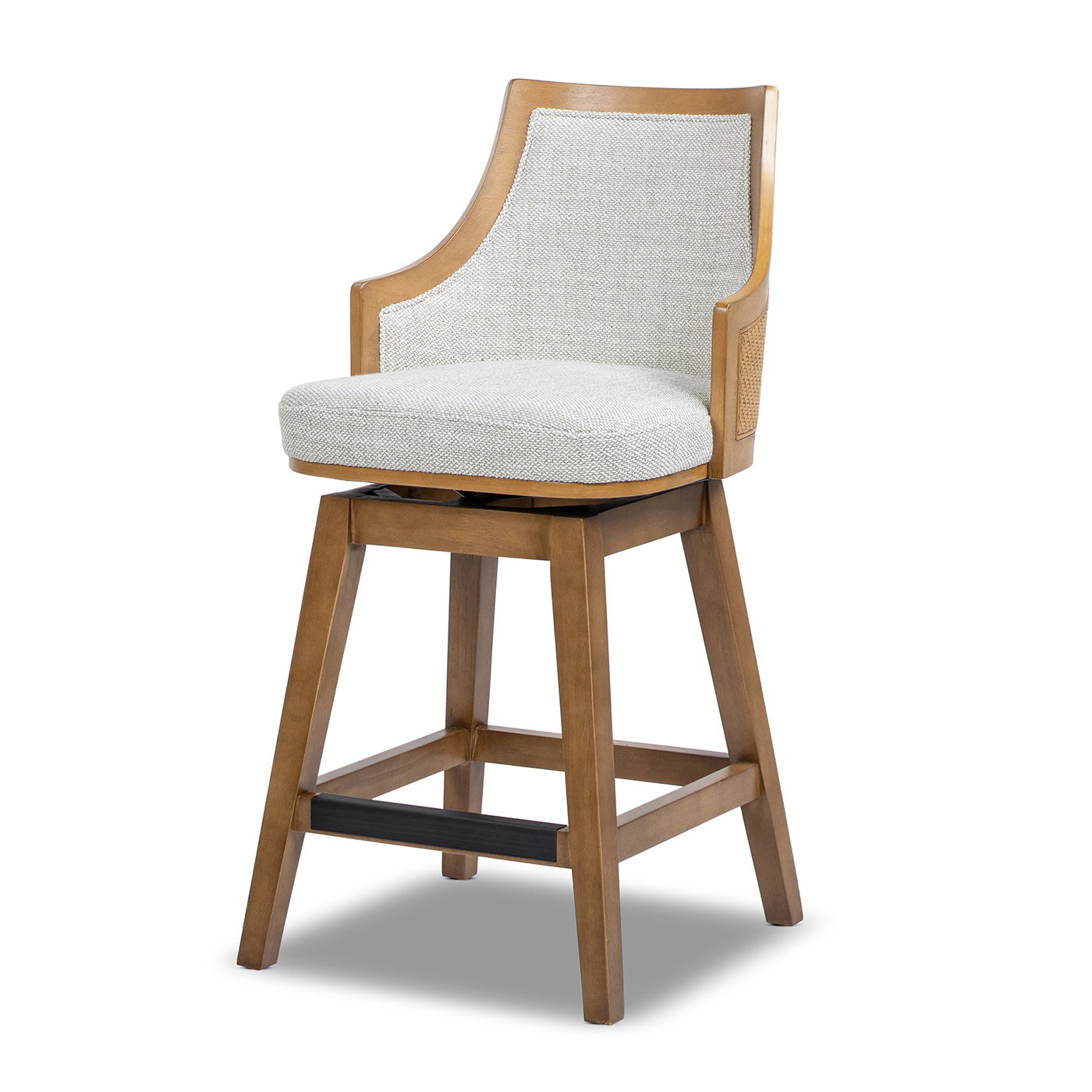 Bahama Cane Rattan High-Back Swivel Counter Stool with Recessed Arms, Two-Tone Neutral Gray