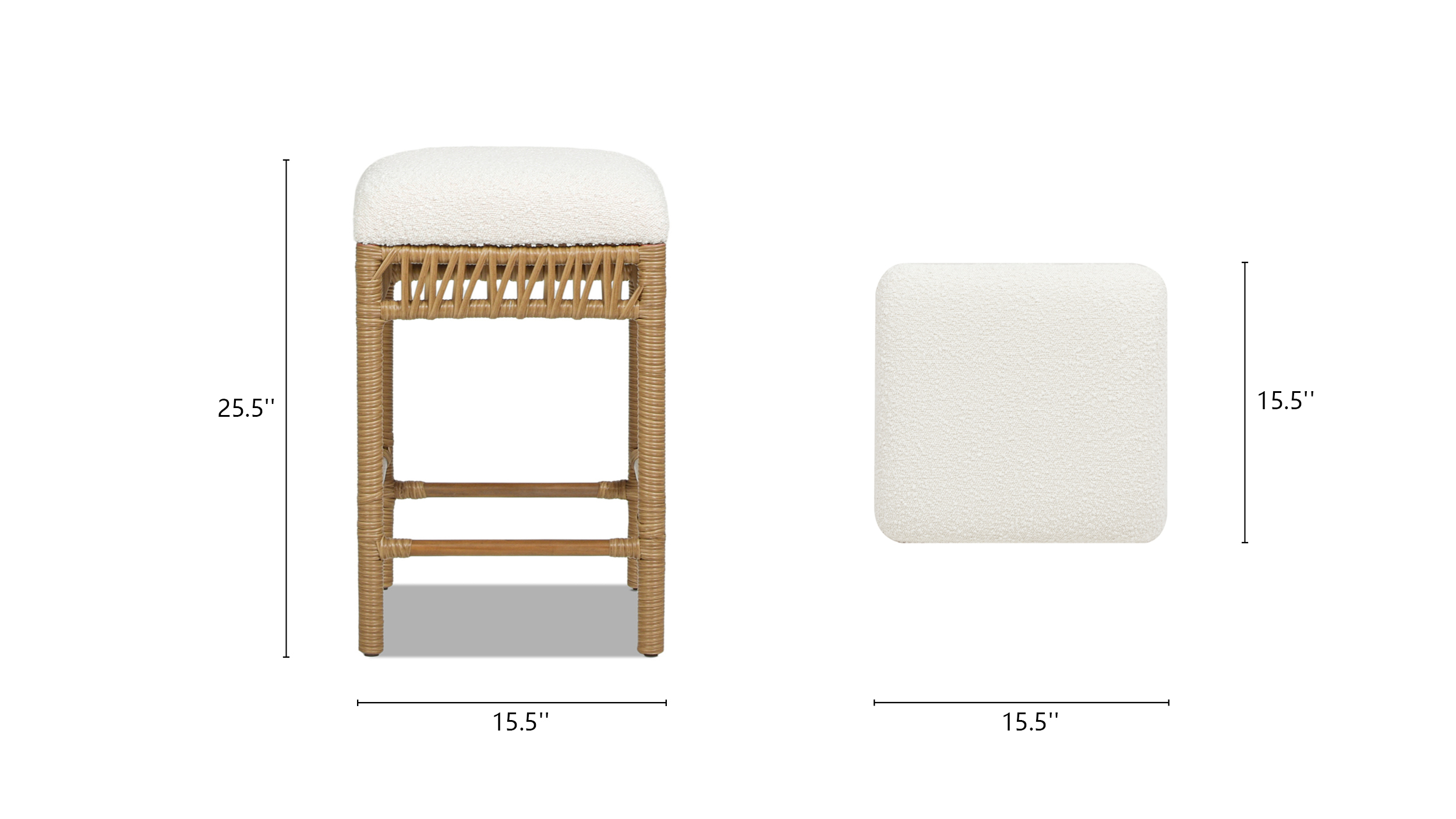 Lucia Backless Upholstered Counter Stool with Resin Rattan Frame, Ivory White Bouclé