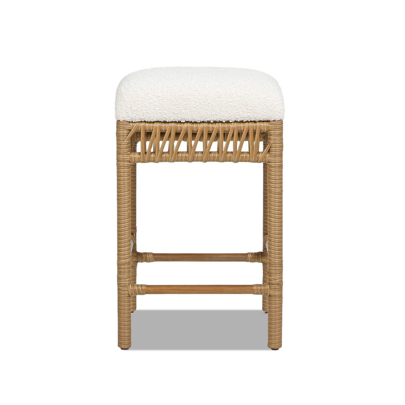 Lucia Backless Upholstered Counter Stool with Resin Rattan Frame, Ivory White Bouclé