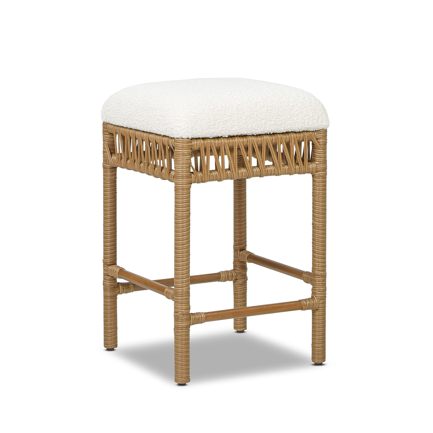 Lucia Backless Upholstered Counter Stool with Resin Rattan Frame, Ivory White bouclé