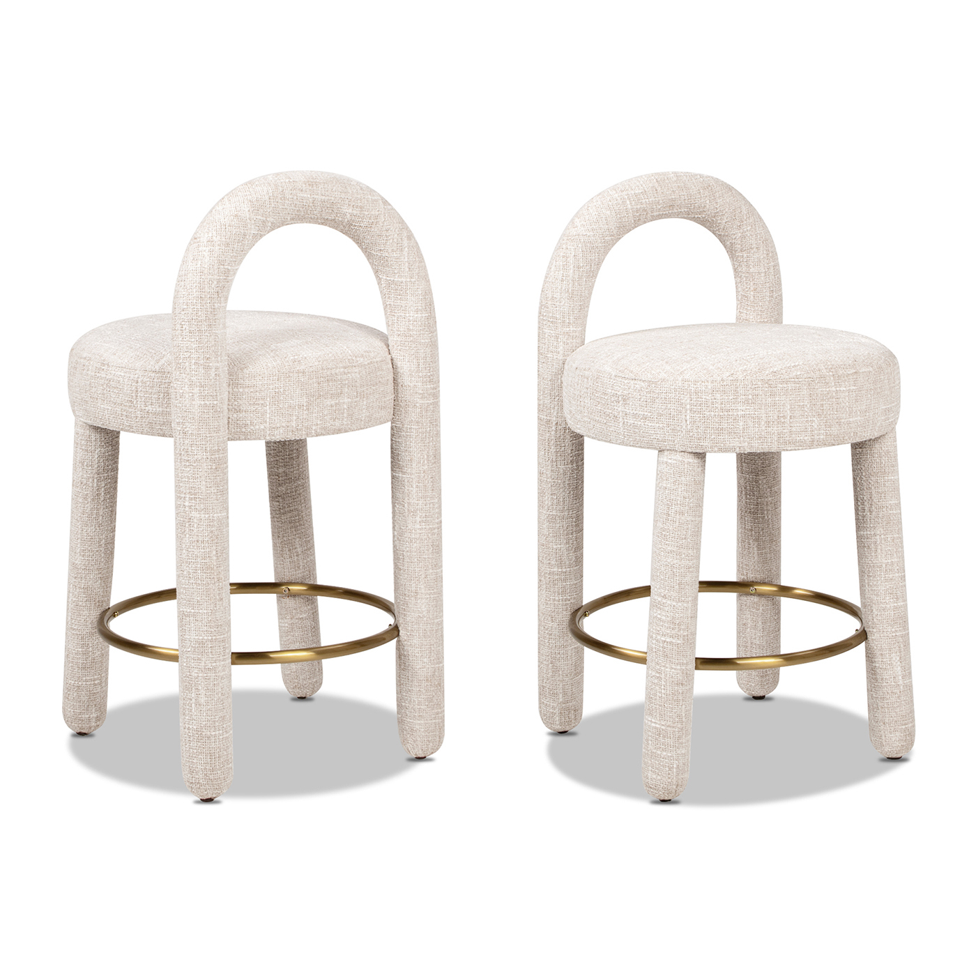Penny Round Arched Fully Upholstered Counter Stool Chair, Set of 2, Travertine Beige