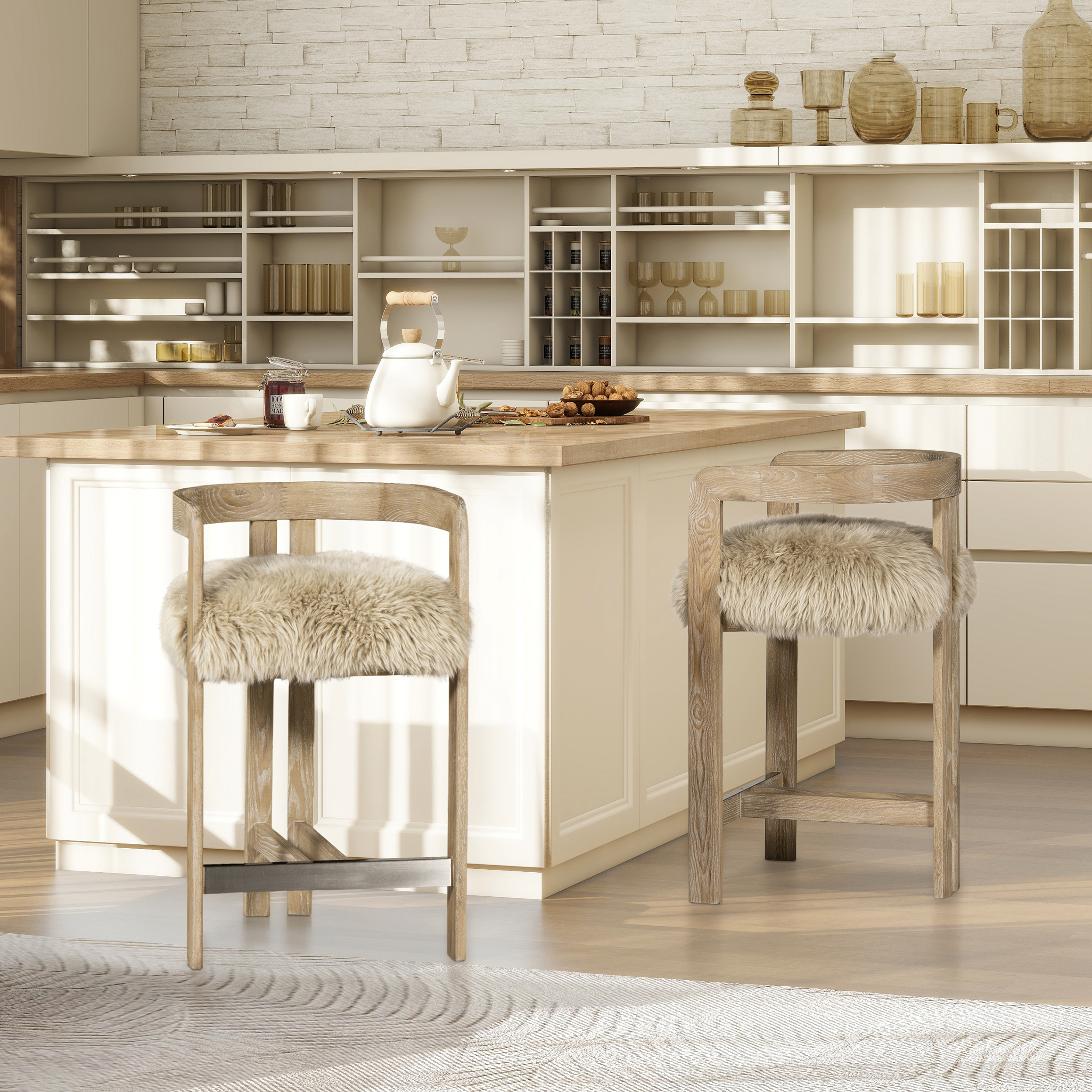 Millwick Low Back Genuine Fur Counter Stool, Natural Blonde
